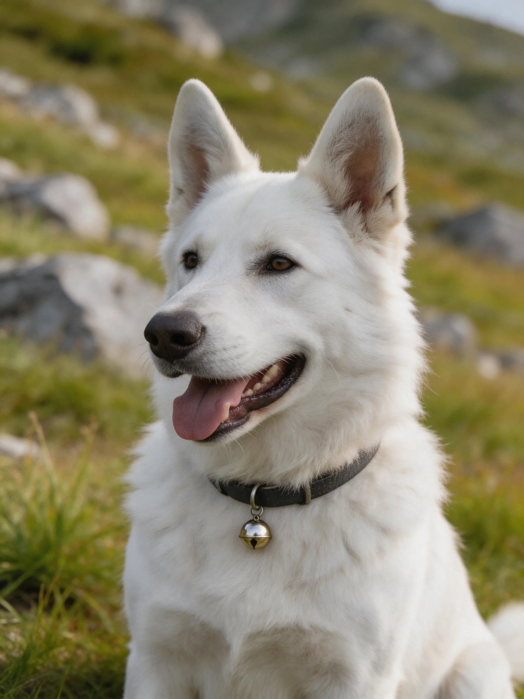 A white dog with a collar relaxes in a grassy outdoor area.