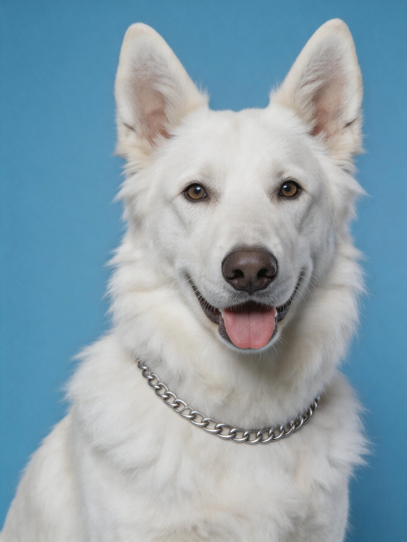 A white, fluffy dog with a silver chain collar poses against a bright blue background.
