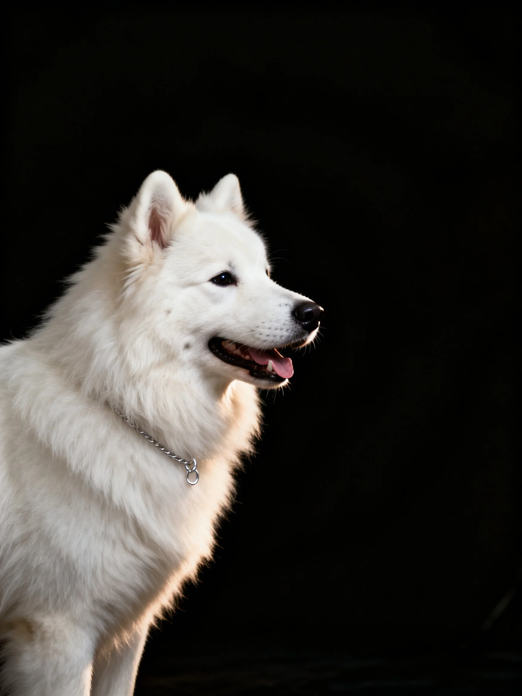 A white fluffy dog with a silver chain collar is highlighted against a dark backdrop