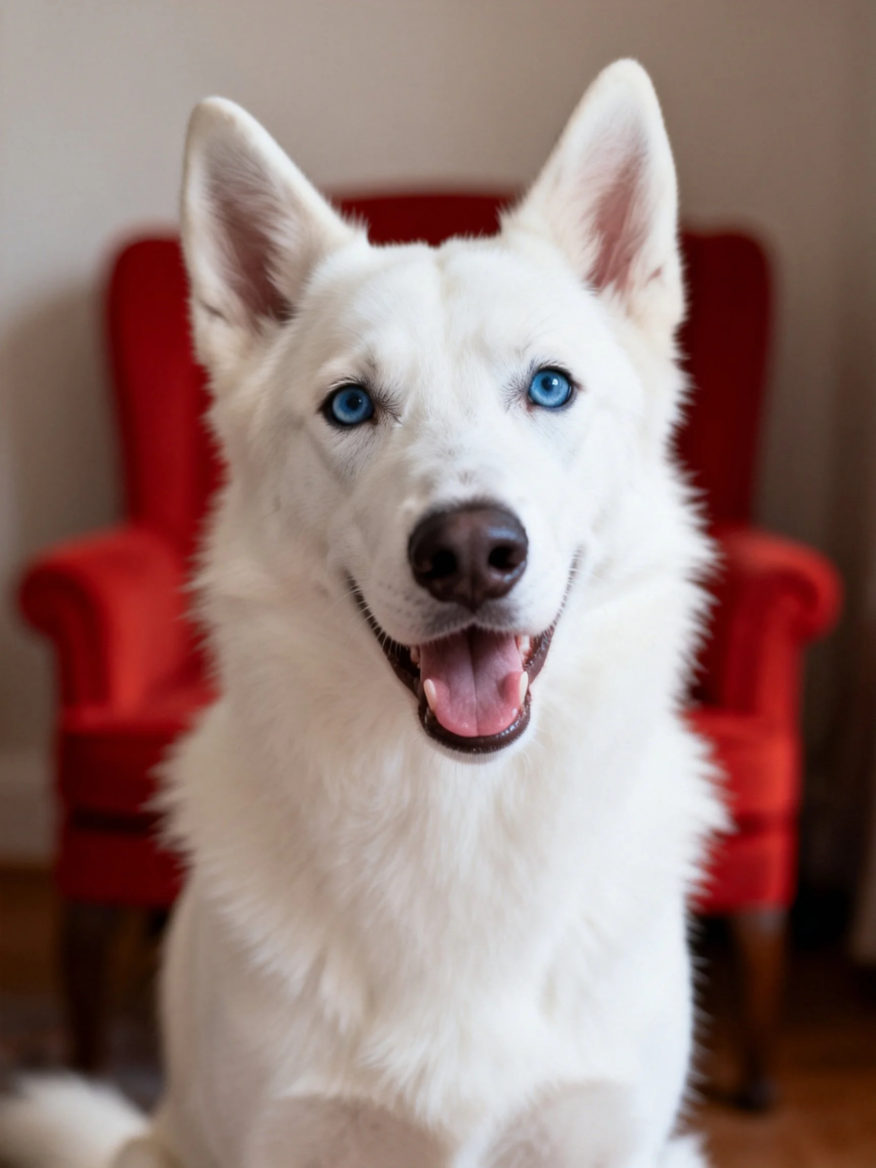 A white dog with blue eyes sits happily beside a red chair.