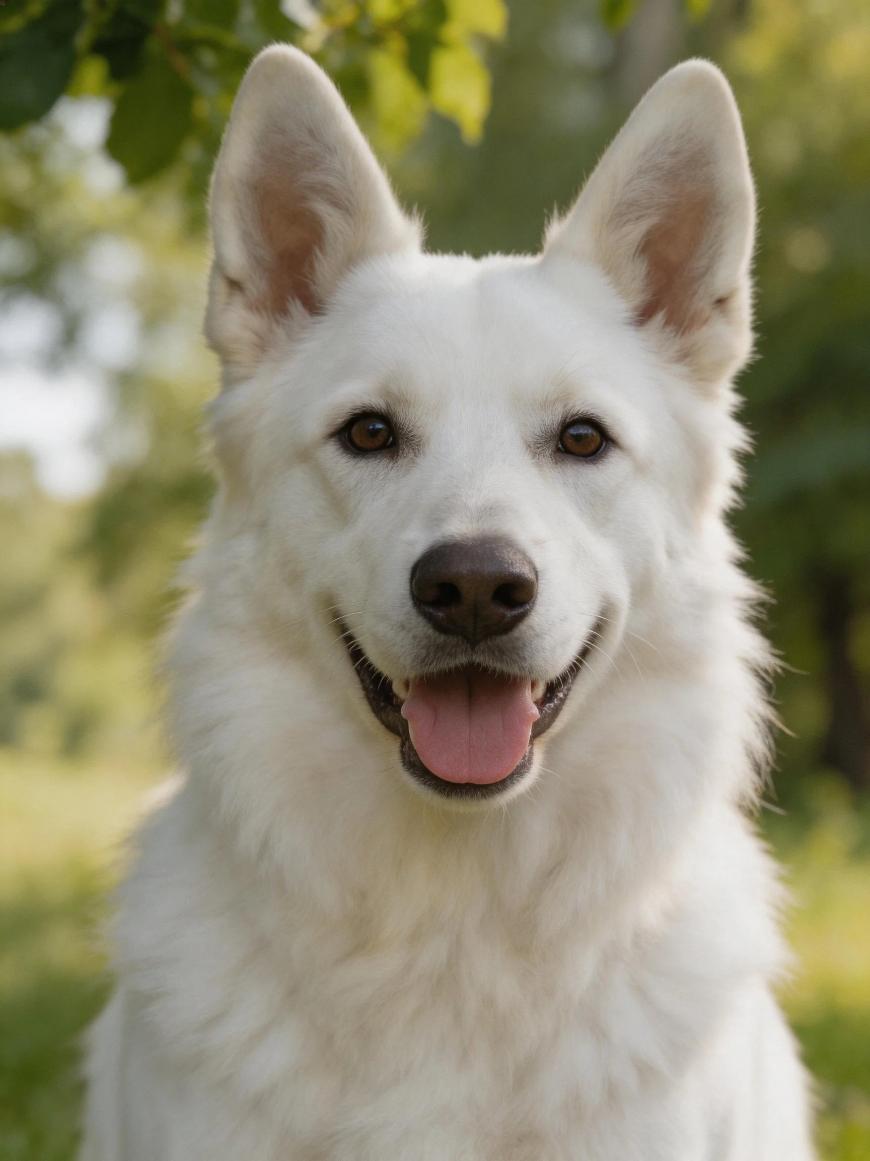 A white dog with upright ears appears cheerful in a green outdoor area.