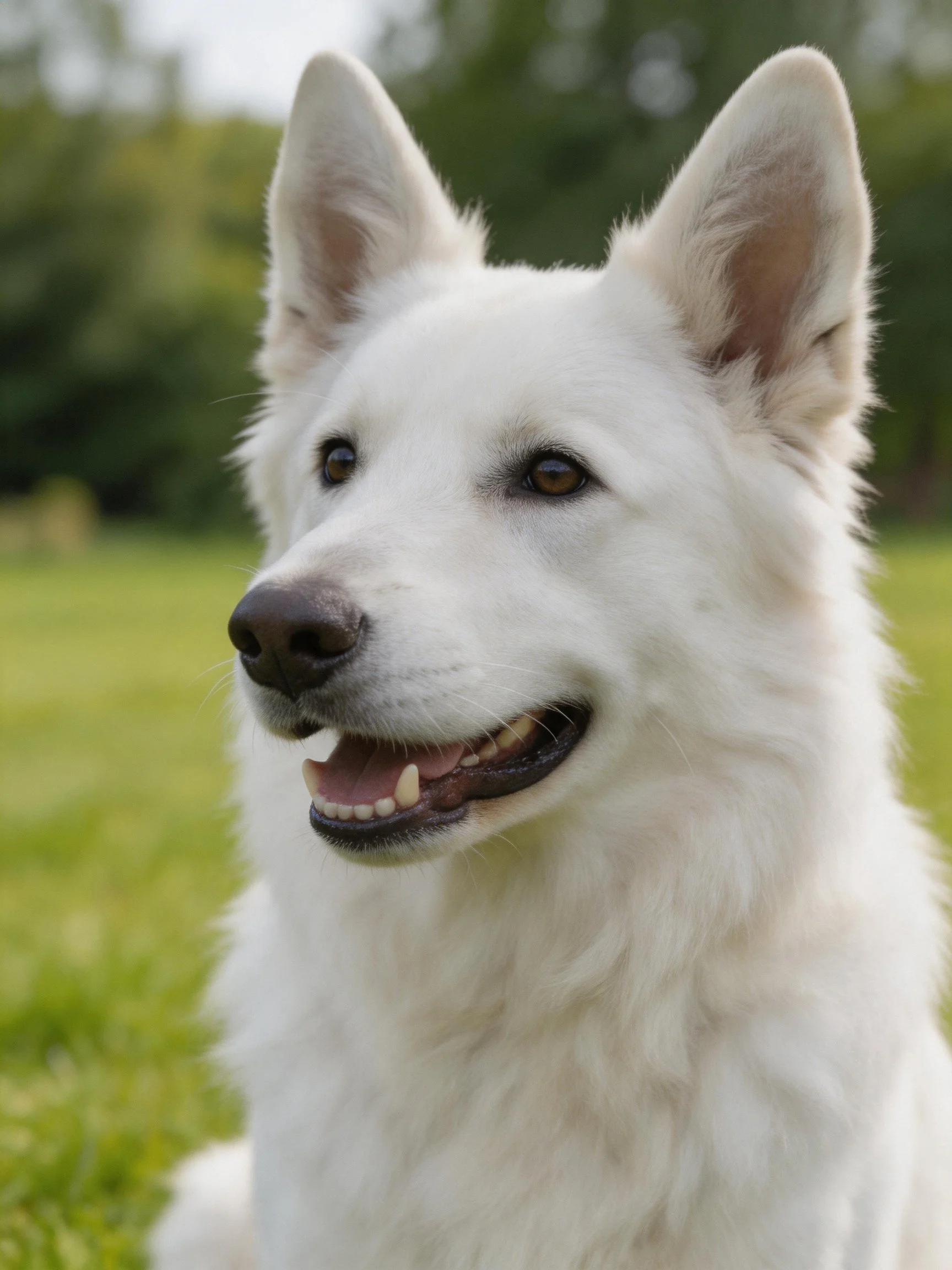 A white dog with upright ears sits on green grass.