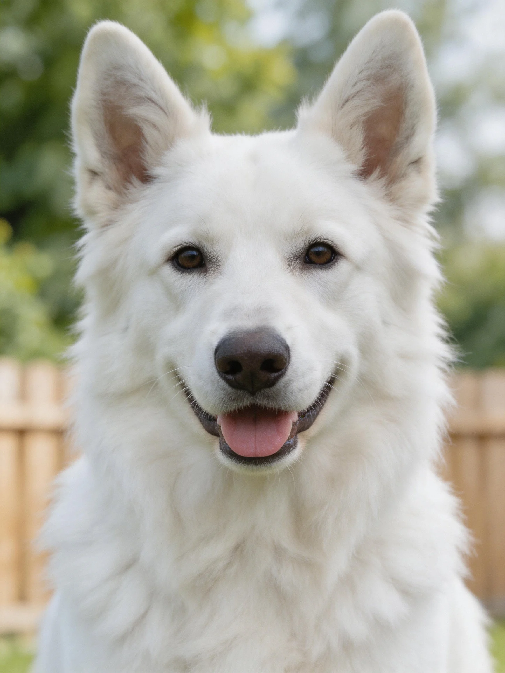 A white fluffy dog with a cheerful expression is outdoors.