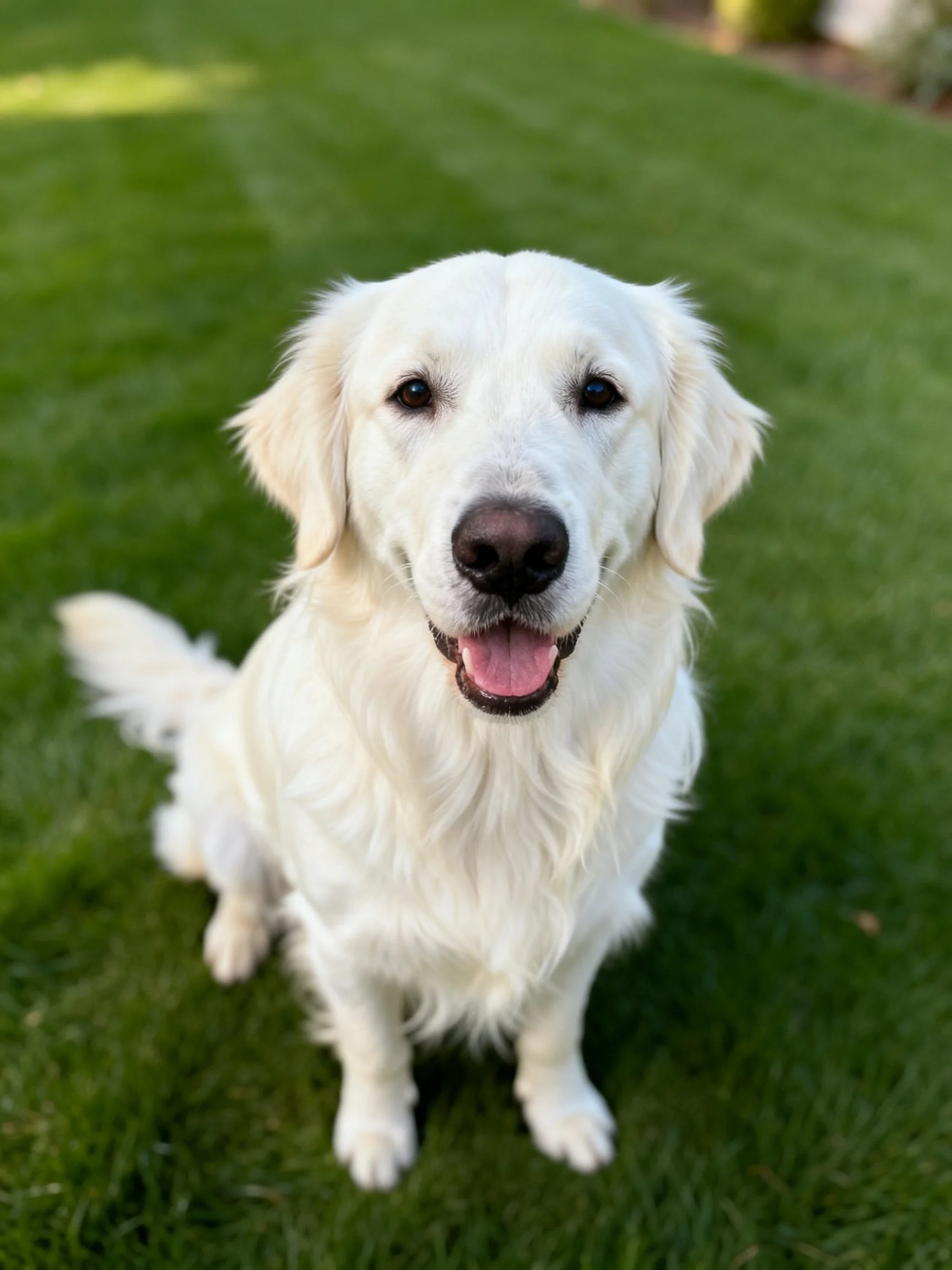 A white golden retriever sits calmly on green grass.