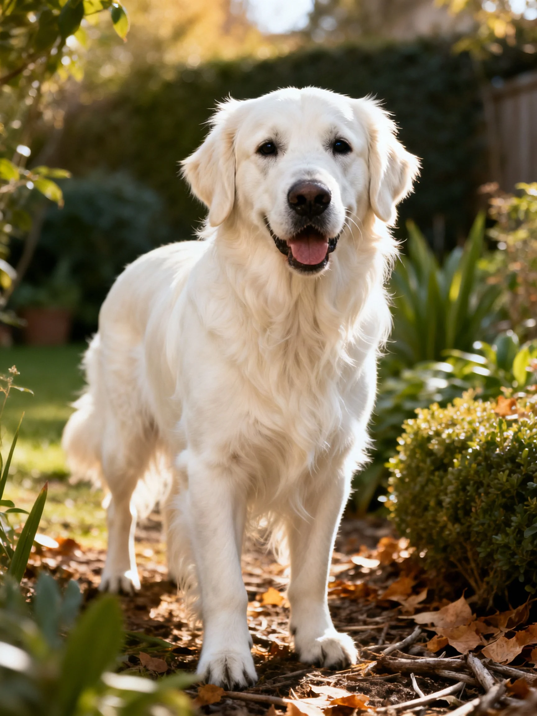 A white golden retriever stands contentedly in a sunlit garden setting.