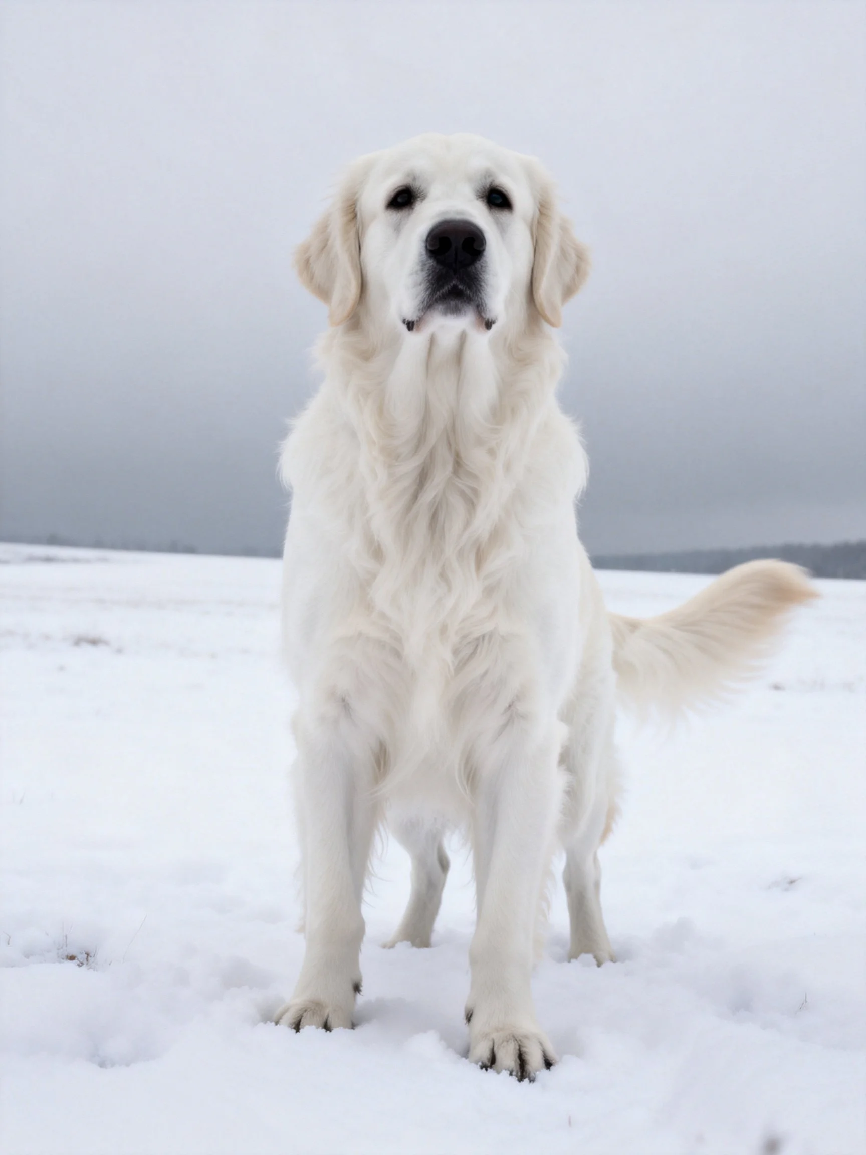 A white golden retriever stands calmly in a snowy landscape