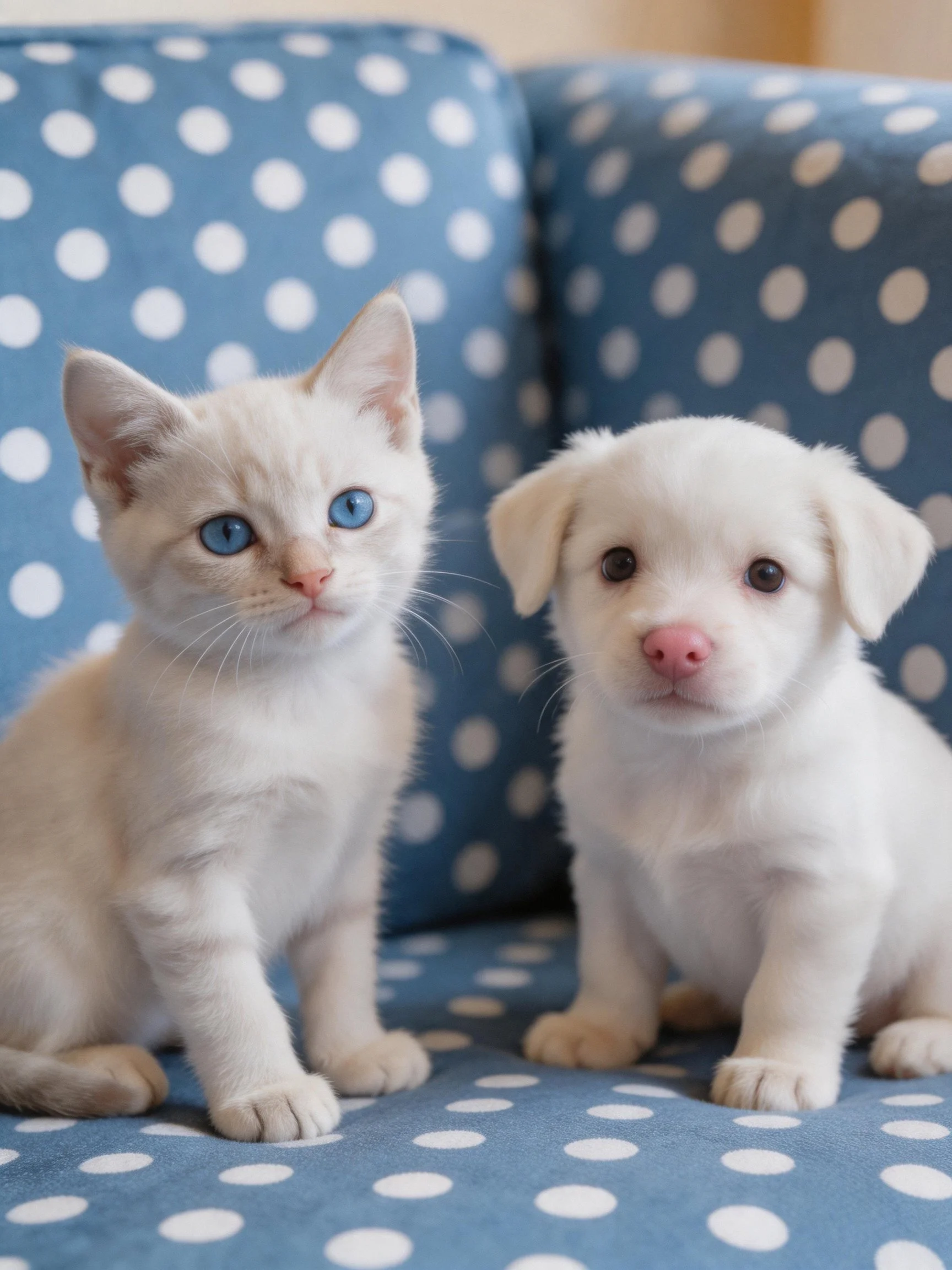 Two young animals sit side by side on a blue polka-dotted couch.
