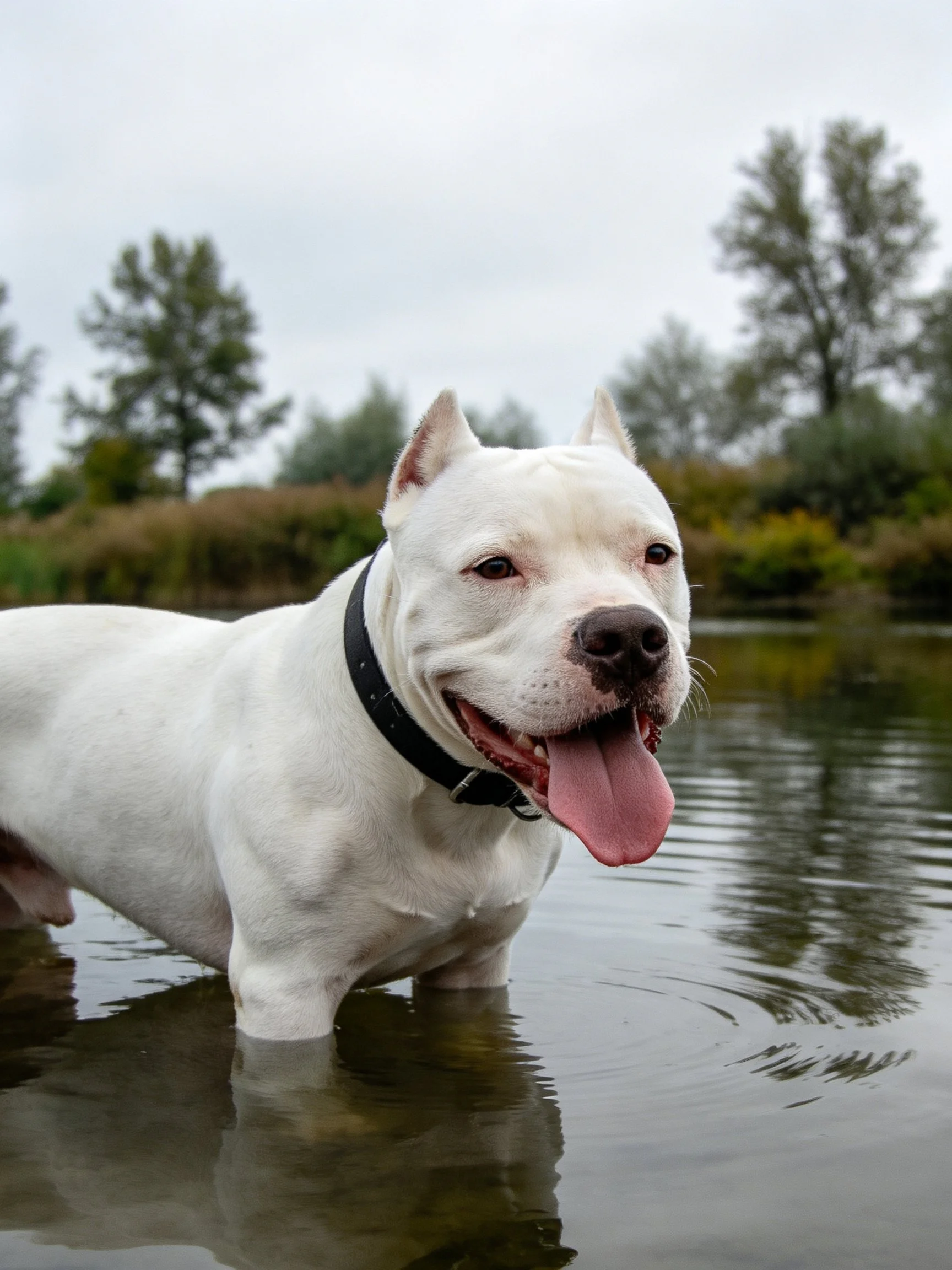 A white muscular dog stands in shallow water with trees in the background.