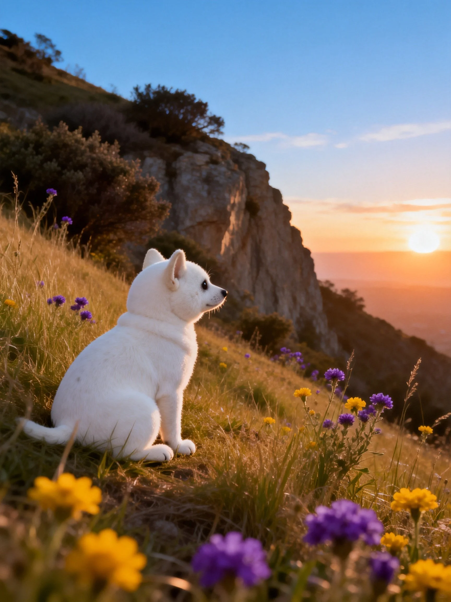 A white plush animal sits amid colorful wildflowers by a rocky cliff at sunset