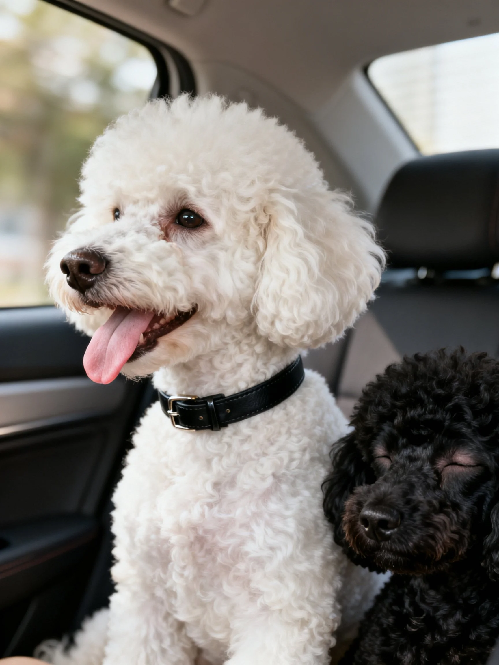 Two poodles, one white and one black, sit in a car