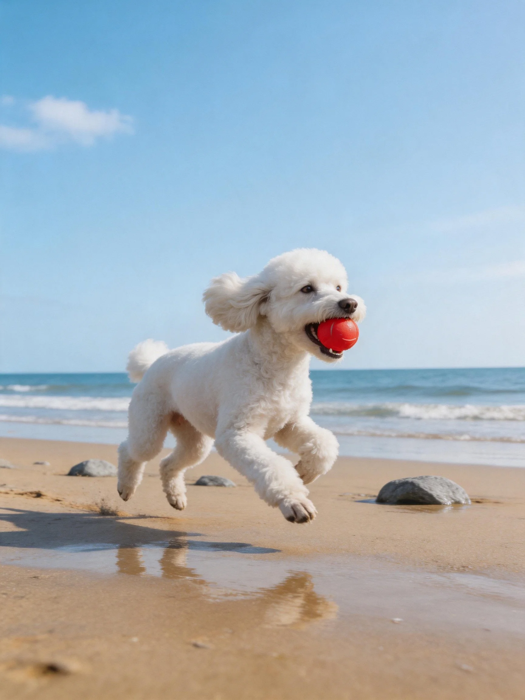 A white poodle runs along a sandy beach with a red ball in its mouth.