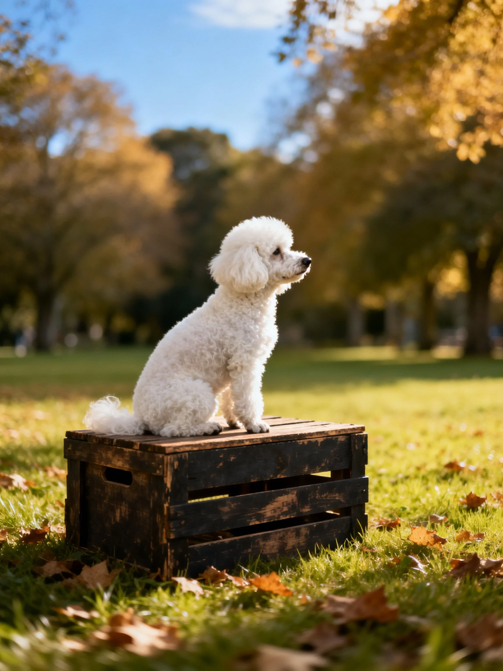 A white poodle sits on a wooden crate in a sunlit autumn park