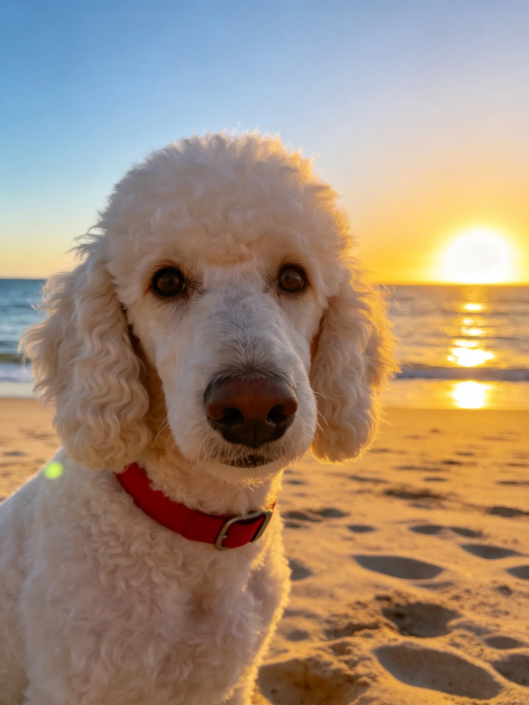 A white poodle stands on a sandy beach as the sun sets over the ocean.
