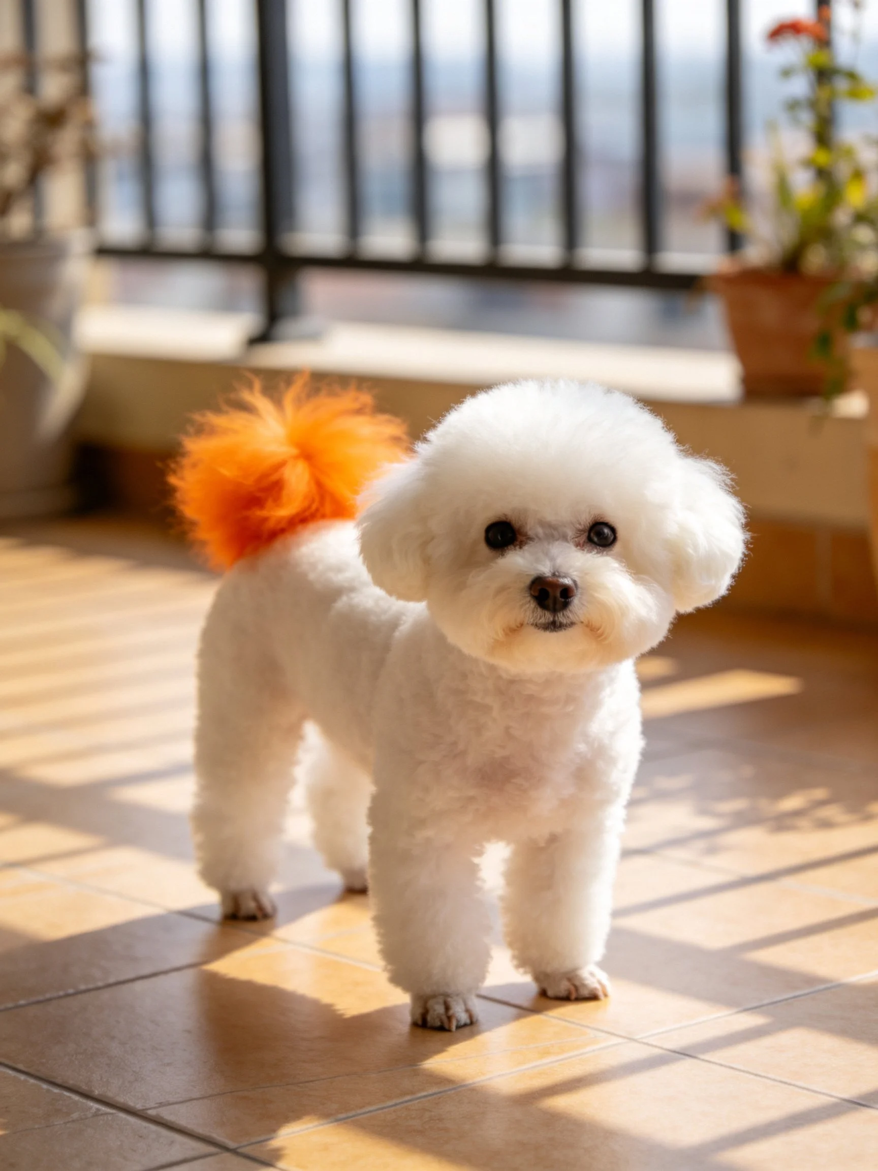 A small white poodle stands on a sunlit tiled patio with a vibrant orange tail.