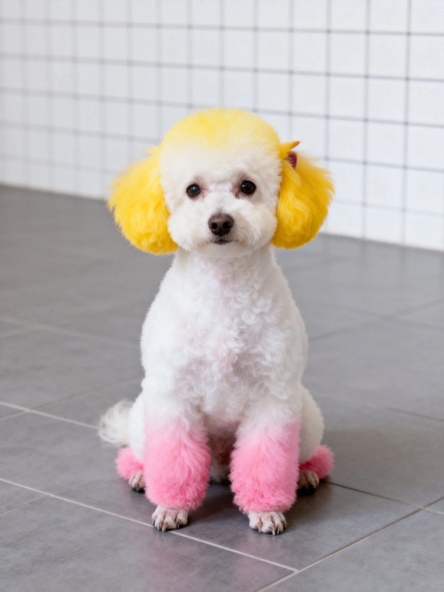 A white poodle sits with dyed yellow ears and pink legs.