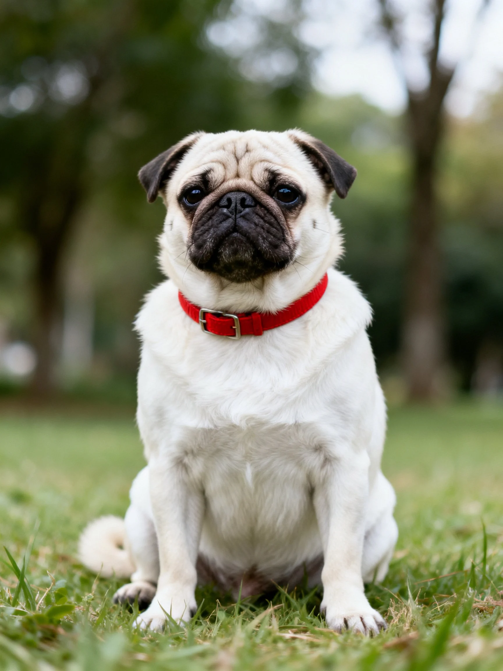A white pug with a red collar sits calmly on grass outdoors.