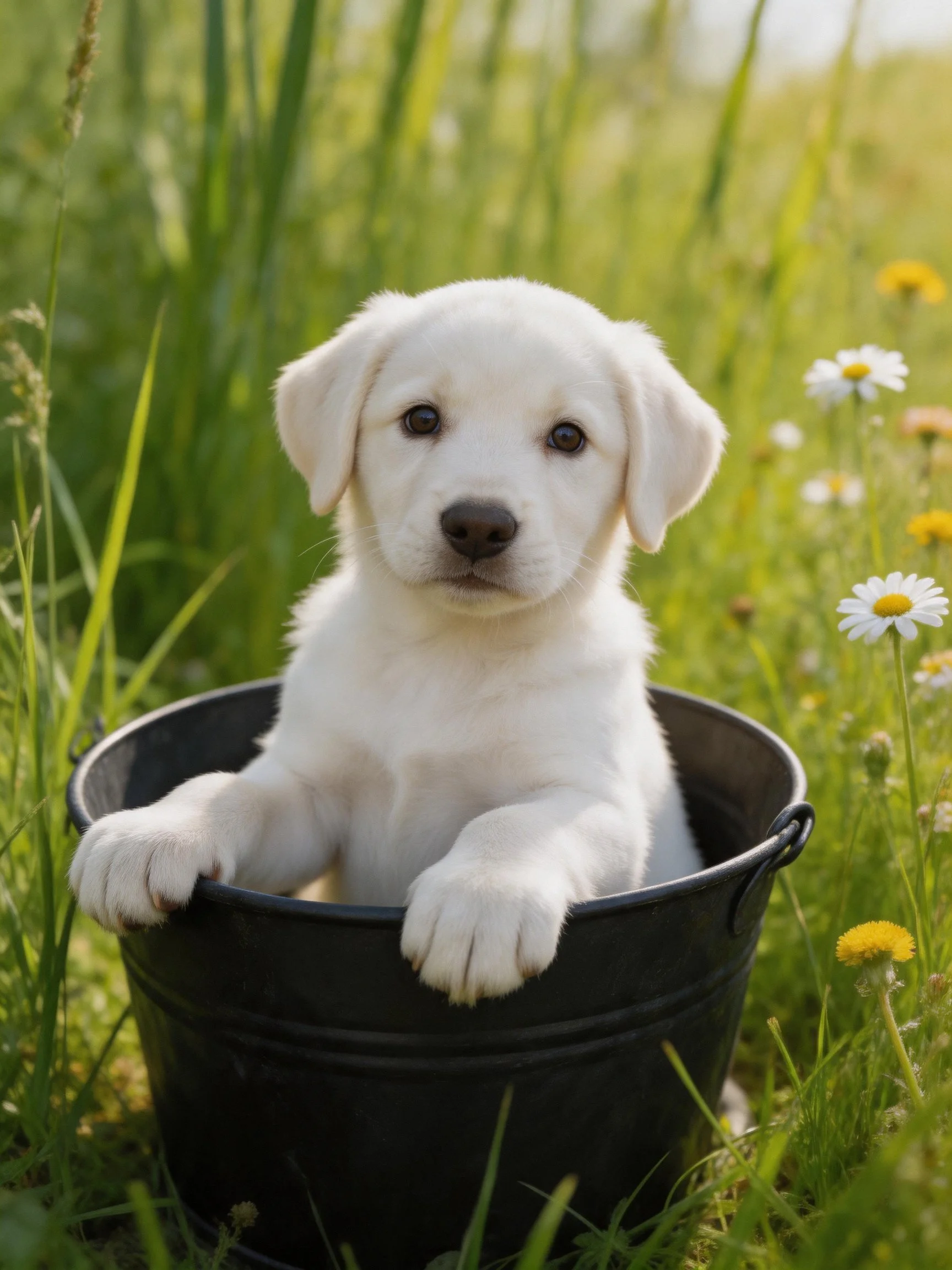 A white puppy sits in a black bucket amidst greenery and wildflowers.