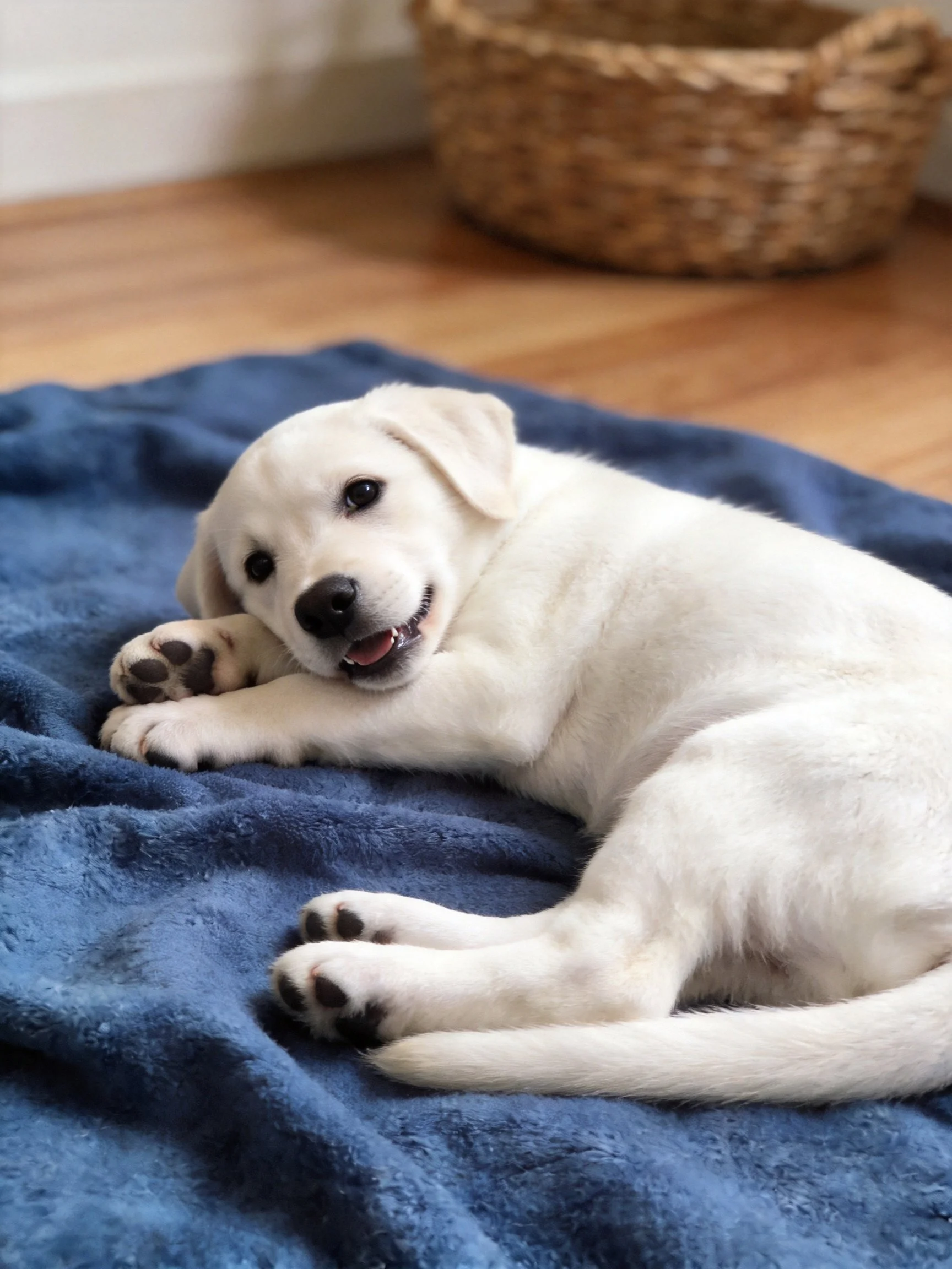 A white puppy lounging on a deep blue blanket beside a wicker basket