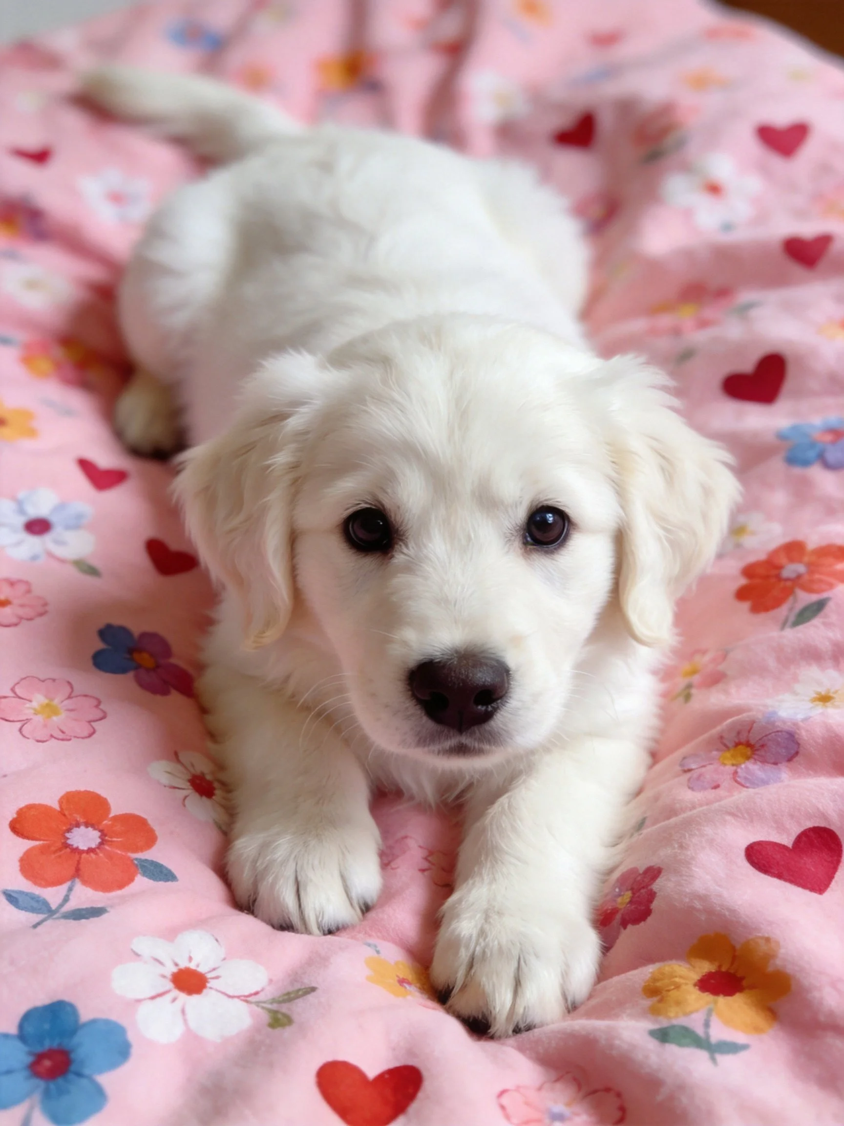 A white puppy lies calmly on a pink blanket adorned with flowers and hearts.