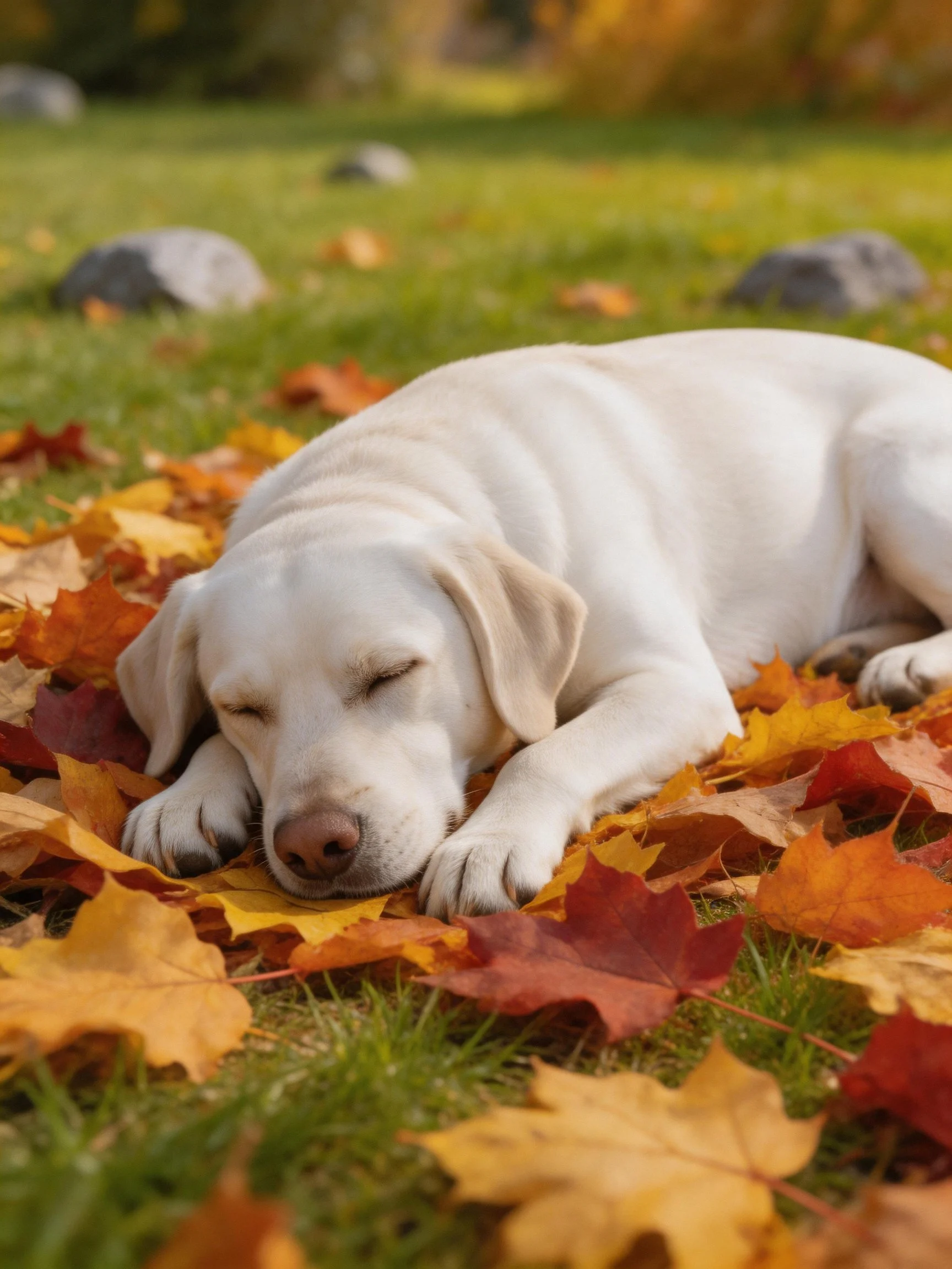 A white puppy sleeps peacefully amid vibrant autumn foliage.