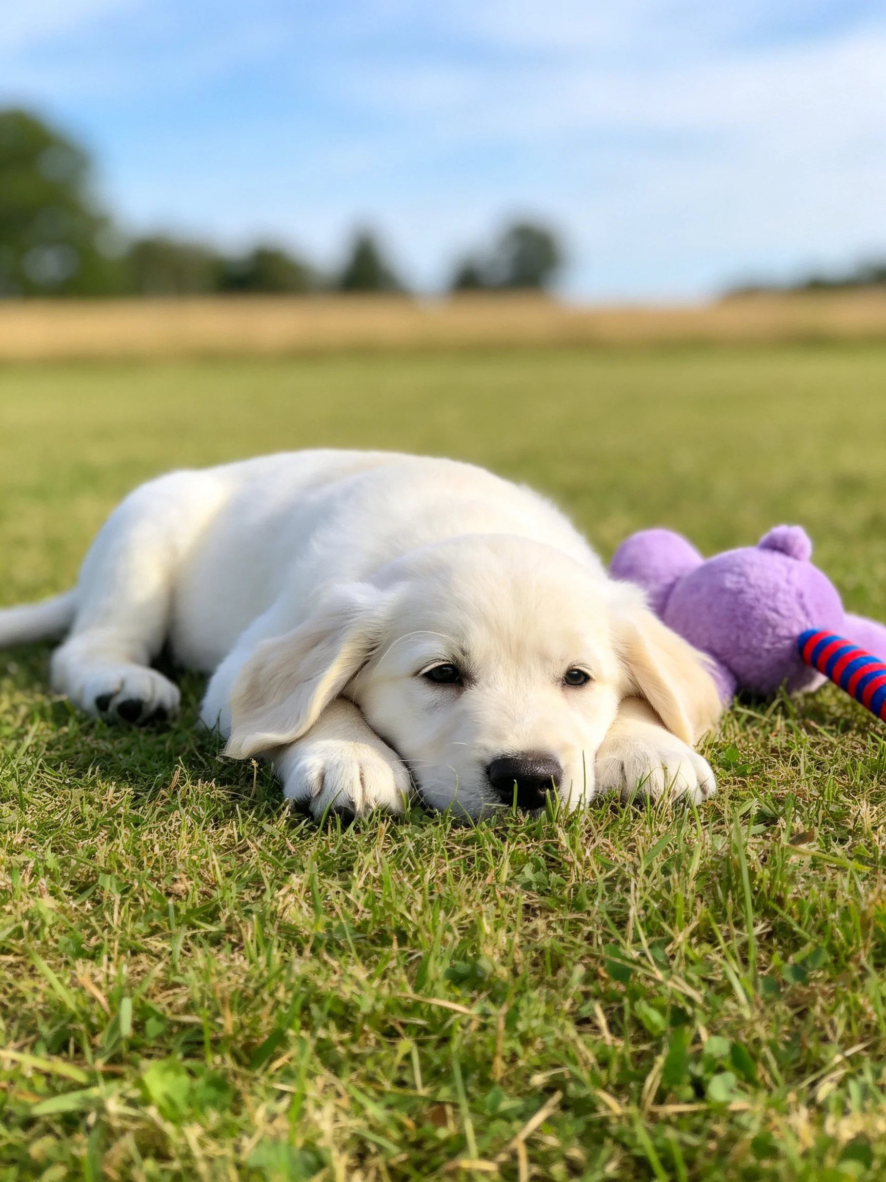 A white puppy relaxes next to a purple stuffed toy on grass in an open field.