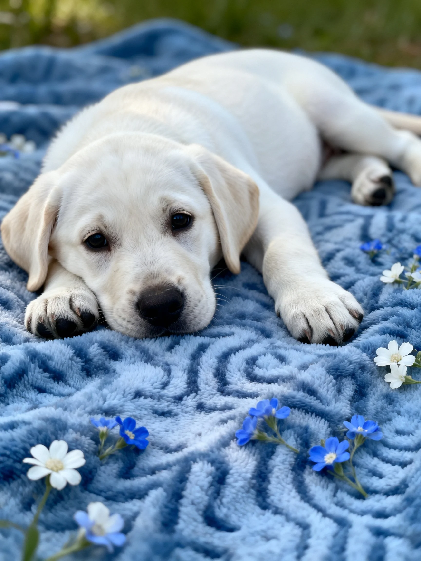 A white puppy relaxes on a blue blanket among scattered blue and white flowers.