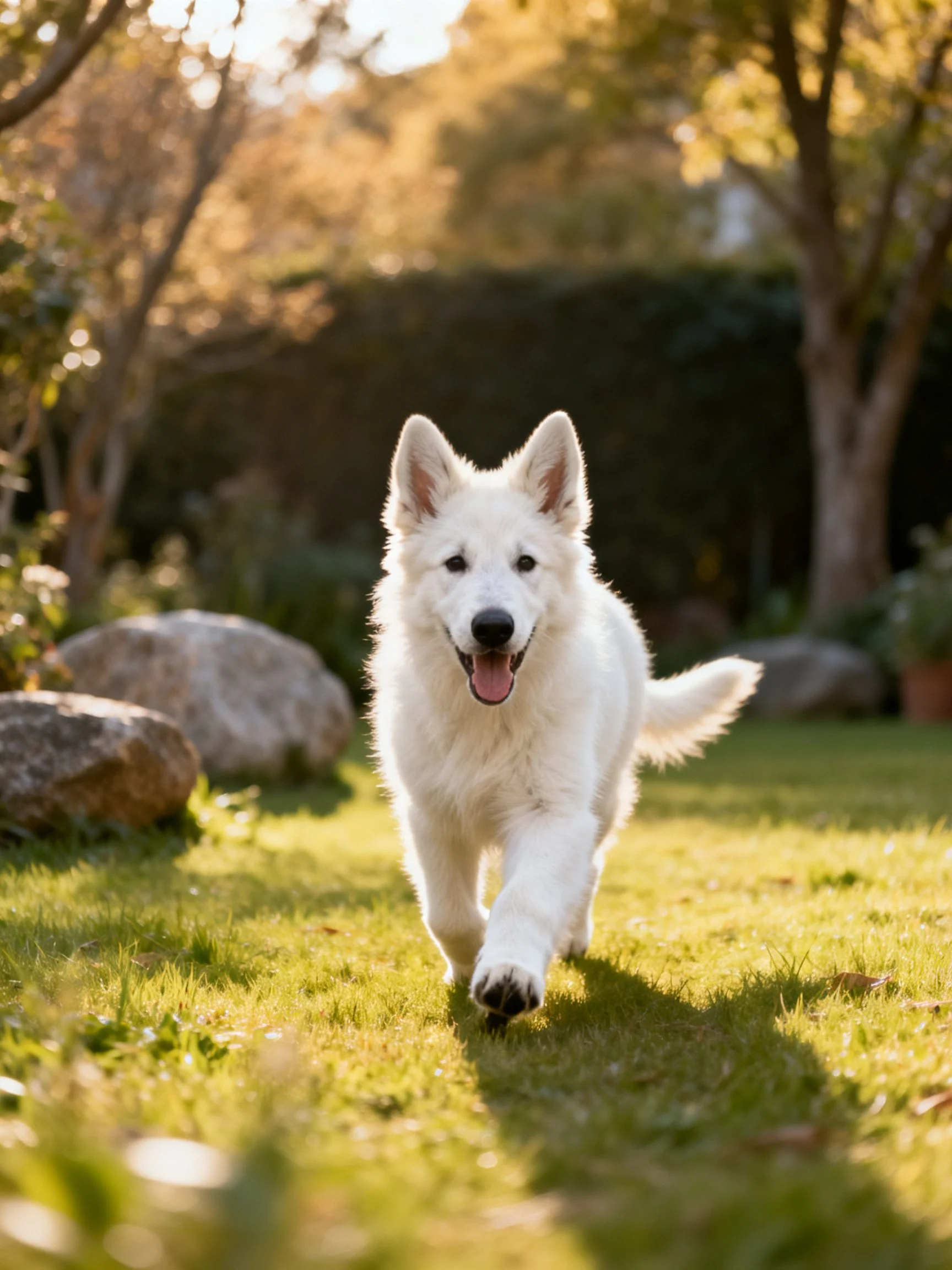 A white puppy runs joyfully toward the camera in a sunlit garden.