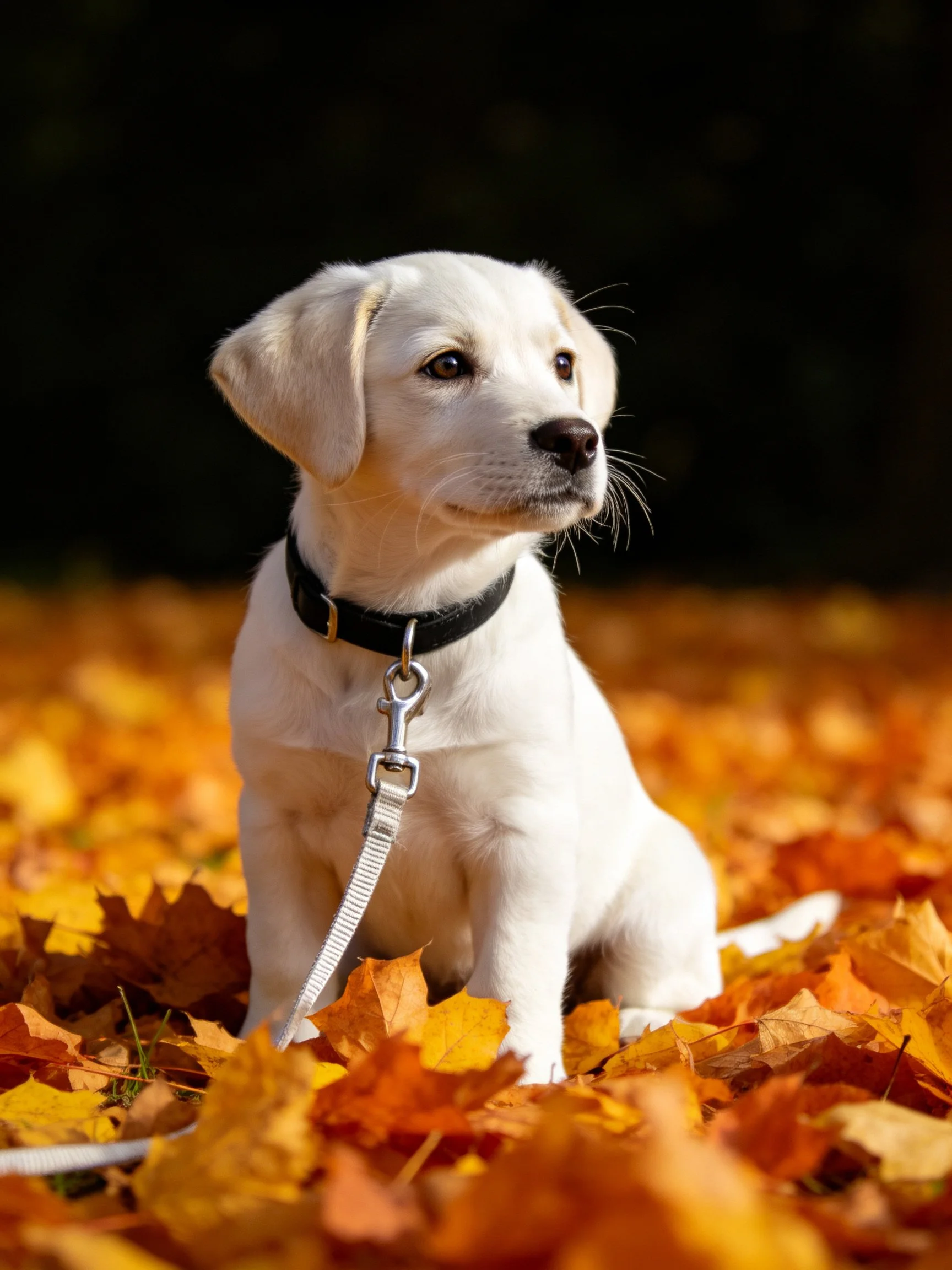 A white puppy sits amid colorful autumn leaves in a sunlit outdoor setting.