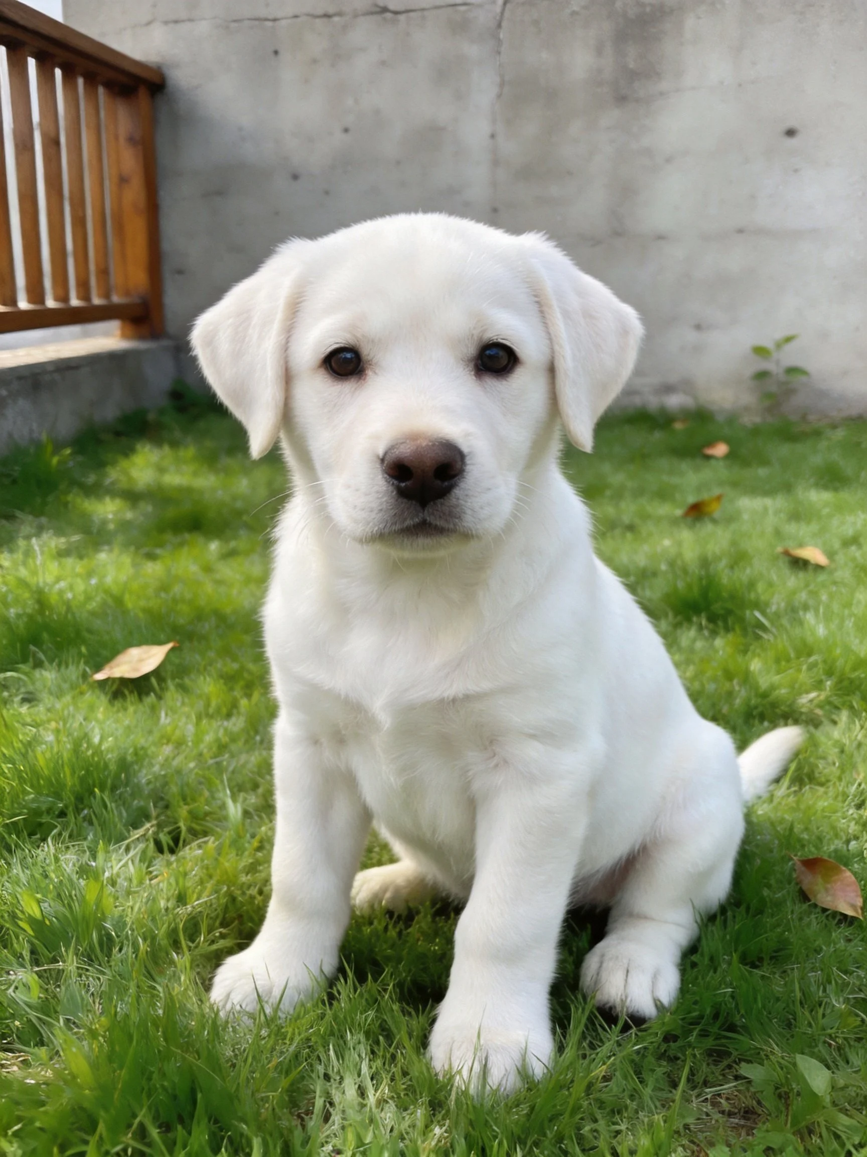 A white puppy sits calmly on green grass in an outdoor area with a concrete wall.