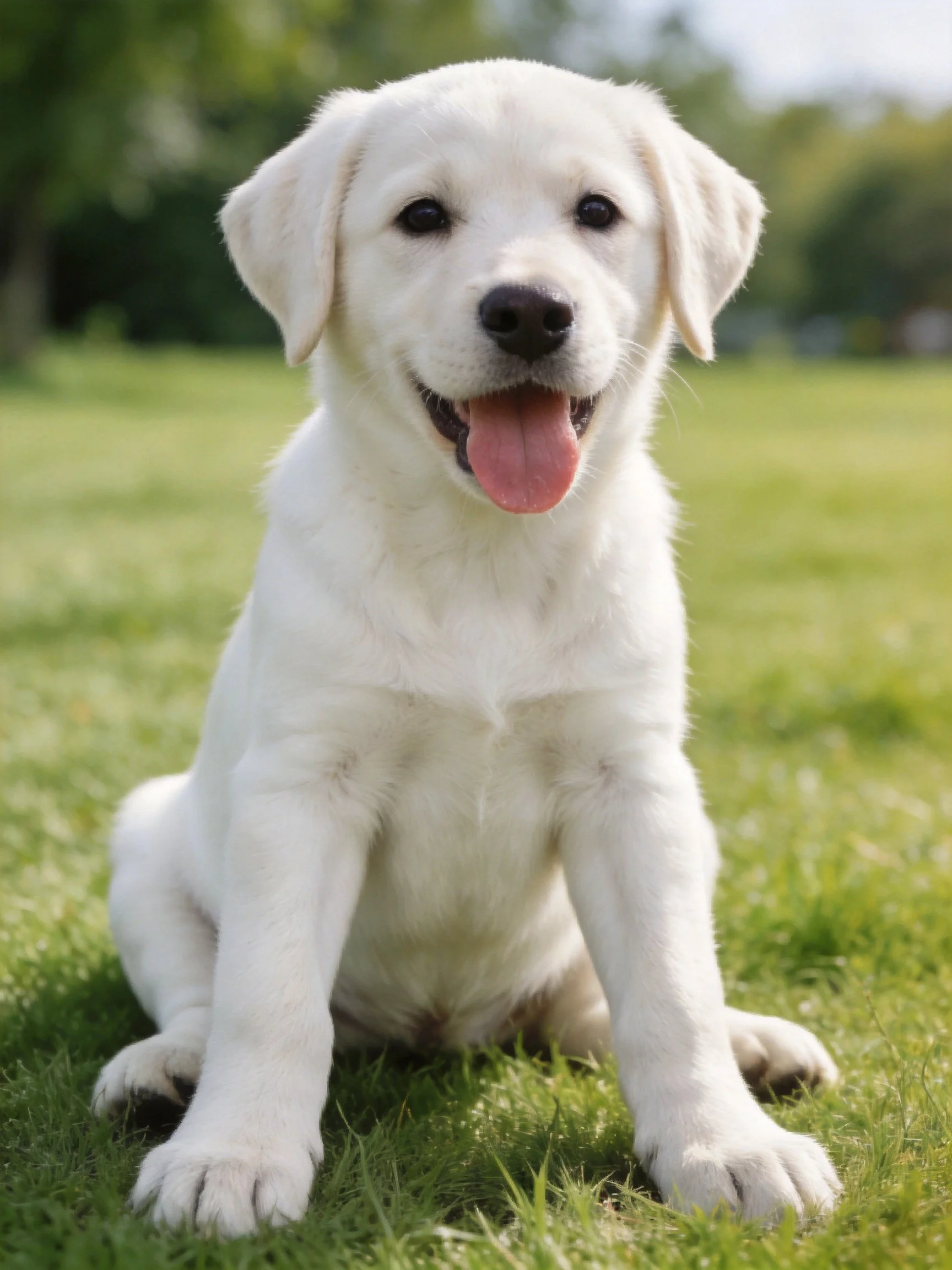 A cheerful white puppy sits on green grass in an outdoor location.