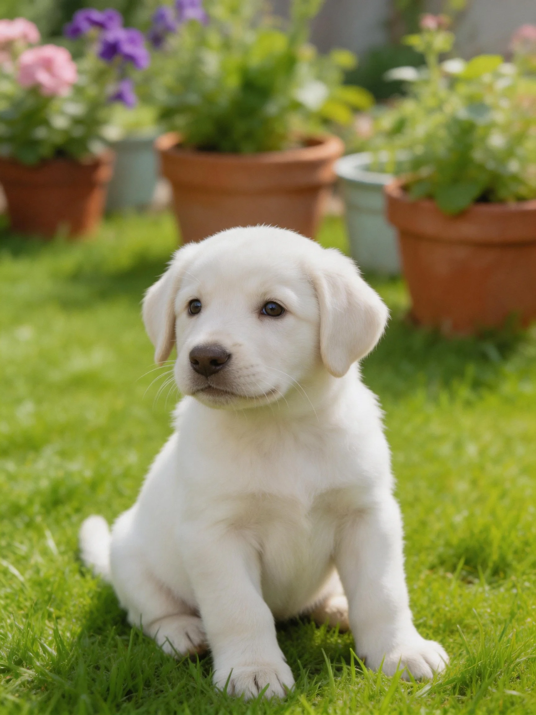 A white puppy sits on green grass amid potted flowering plants.