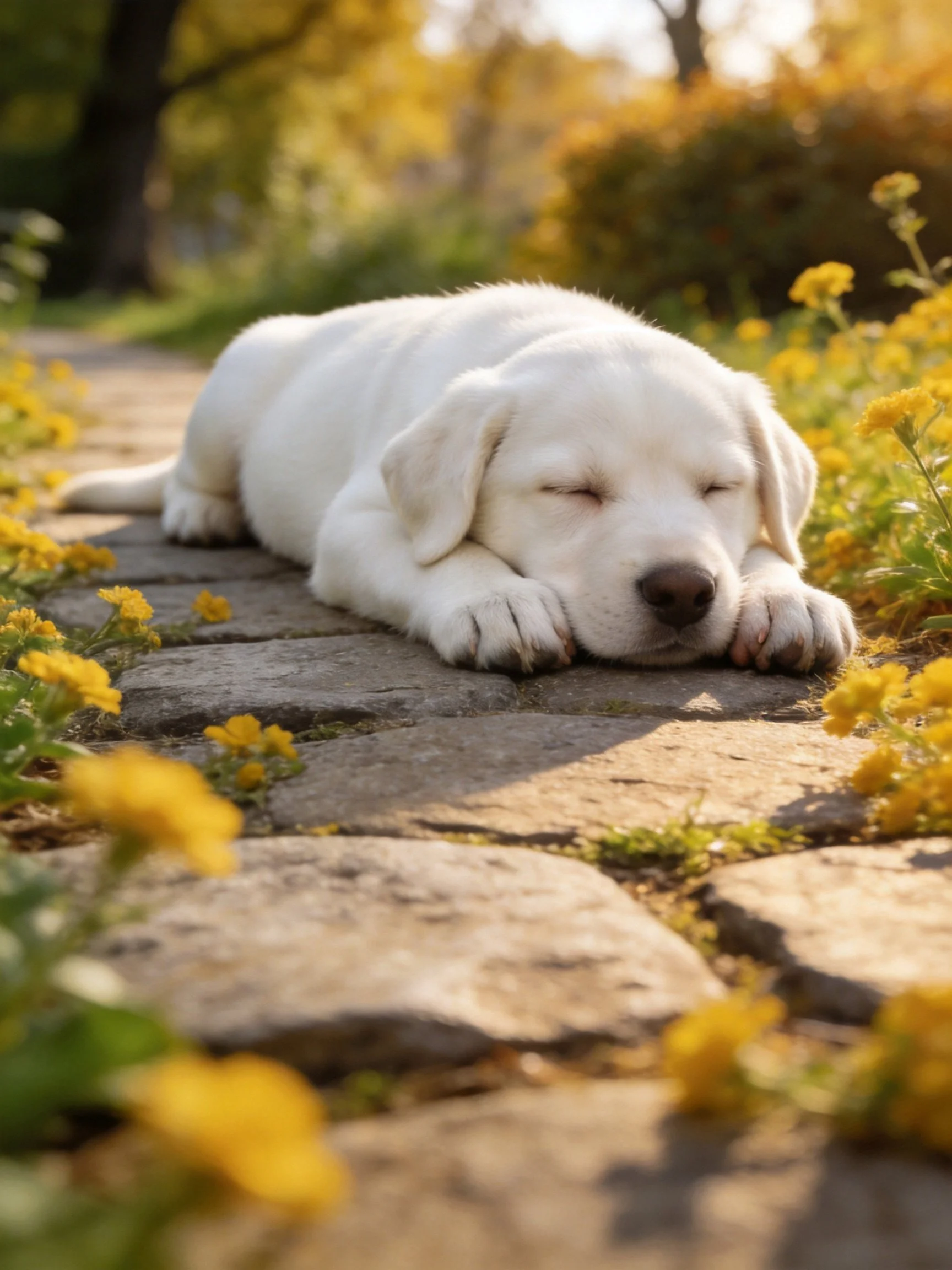 A white puppy peacefully rests on a stone path surrounded by yellow flowers.