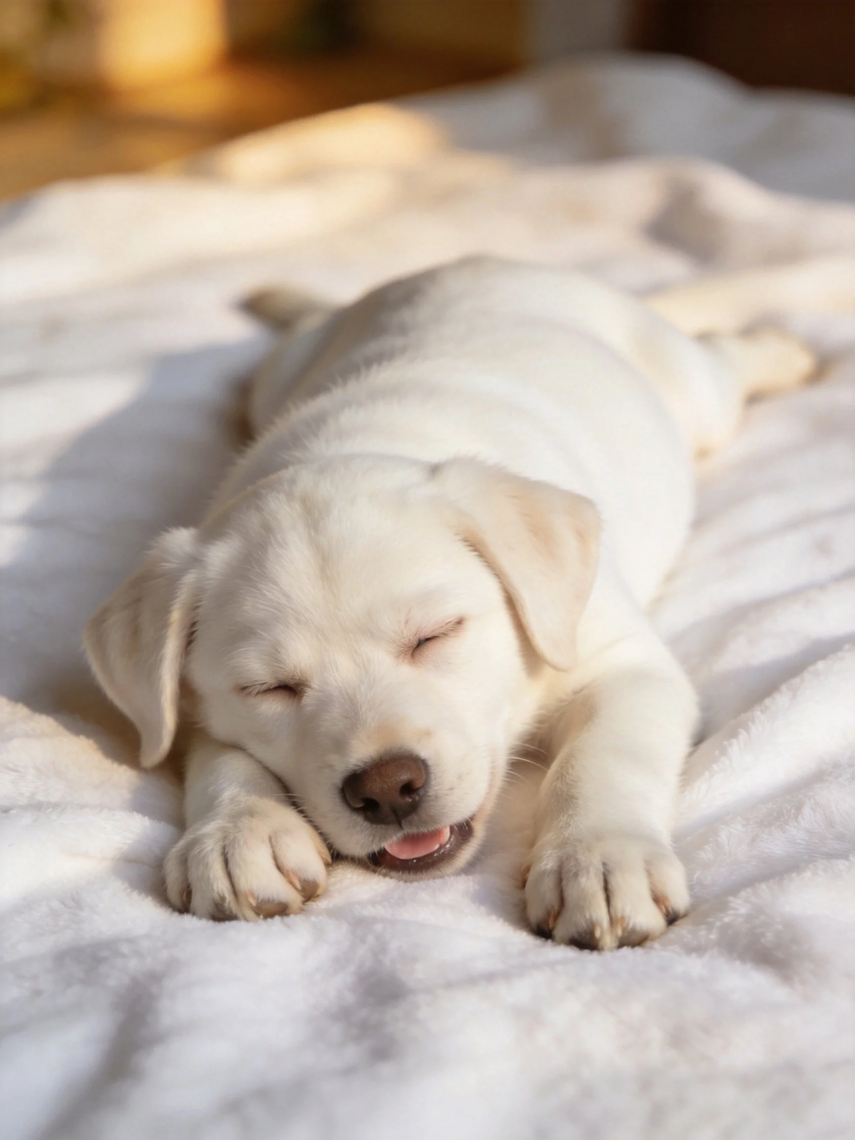 A white puppy rests contentedly on a plush white surface.