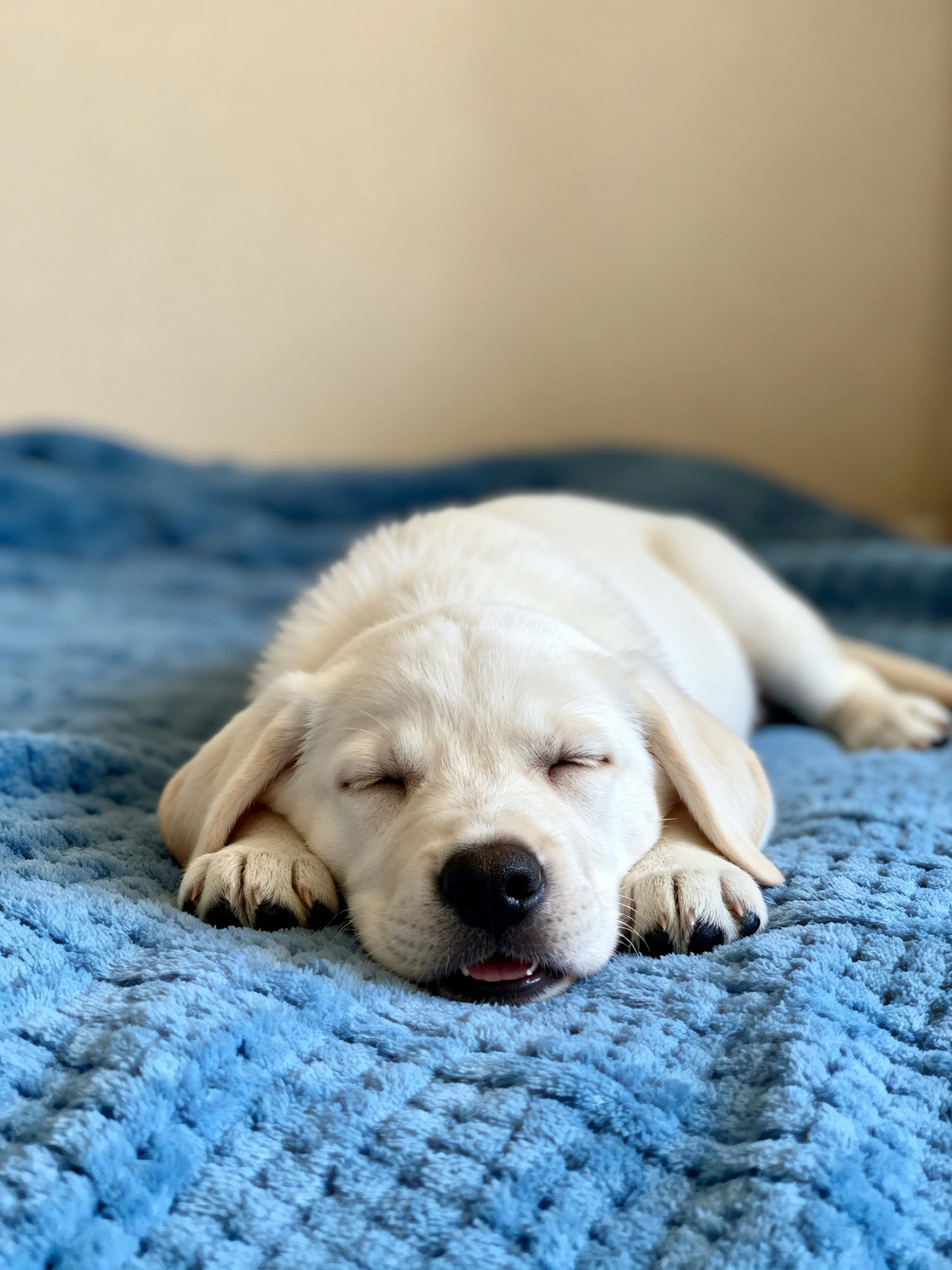 A white puppy rests soundly on a soft blue blanket