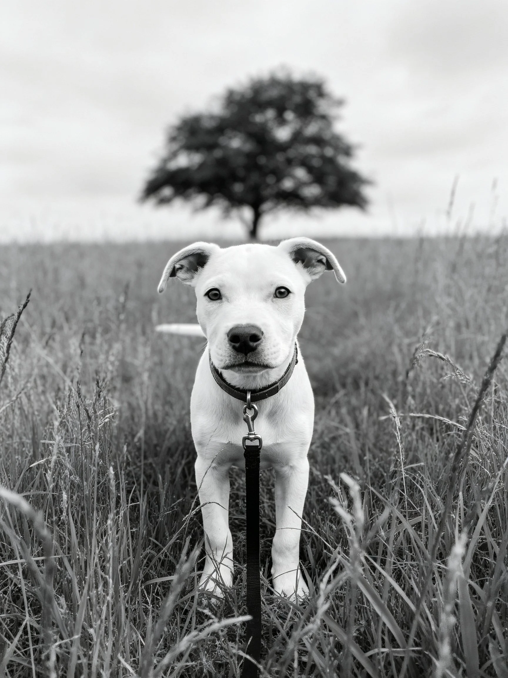 A white puppy stands in tall grass with a single tree in the background.