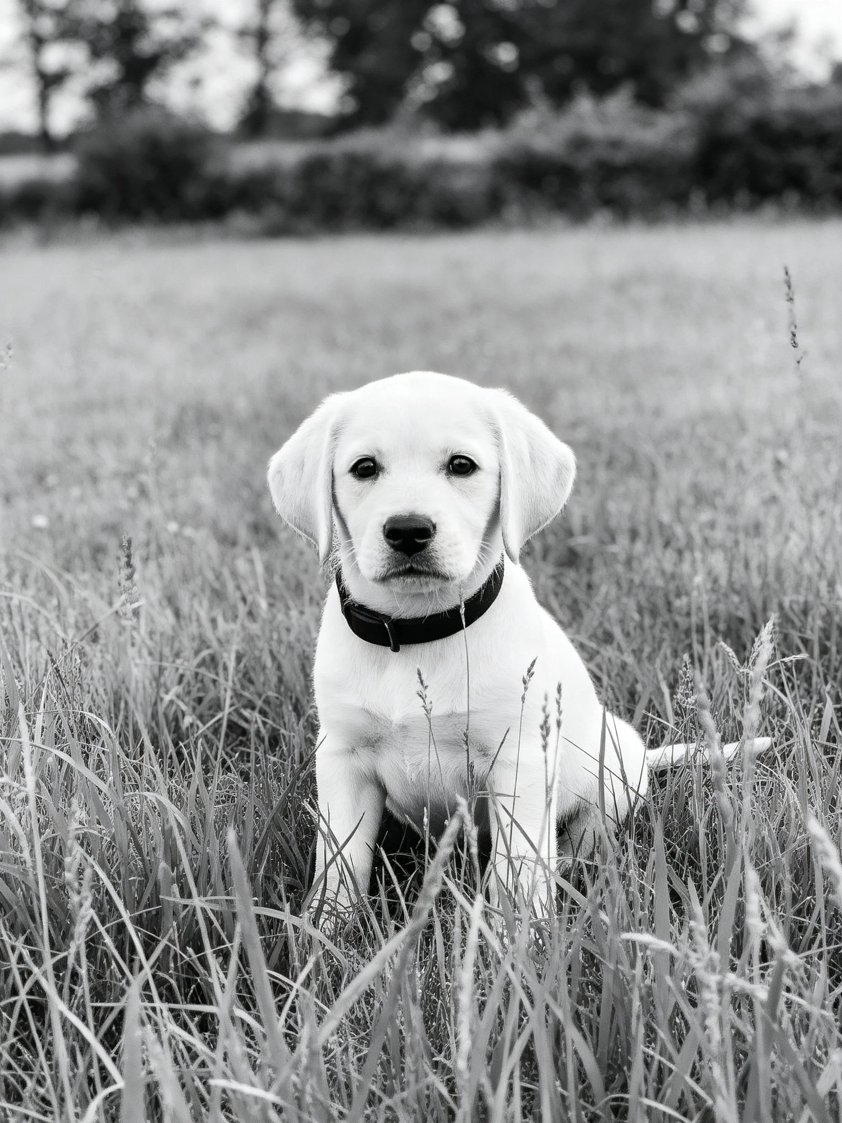 A white puppy with a black collar rests amid tall grass in an outdoor setting