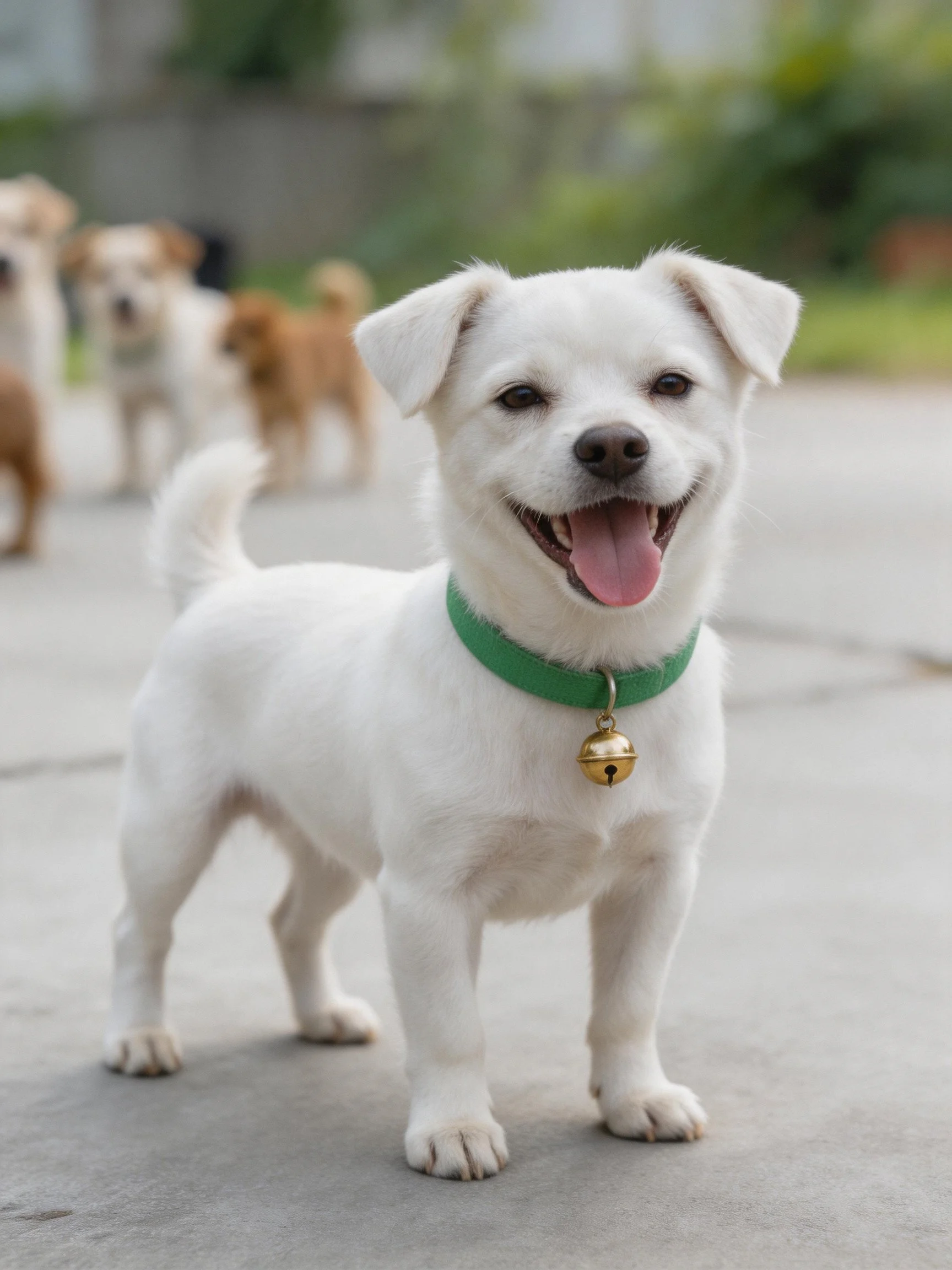 A white puppy with a green collar stands happily among other dogs in an outdoor area