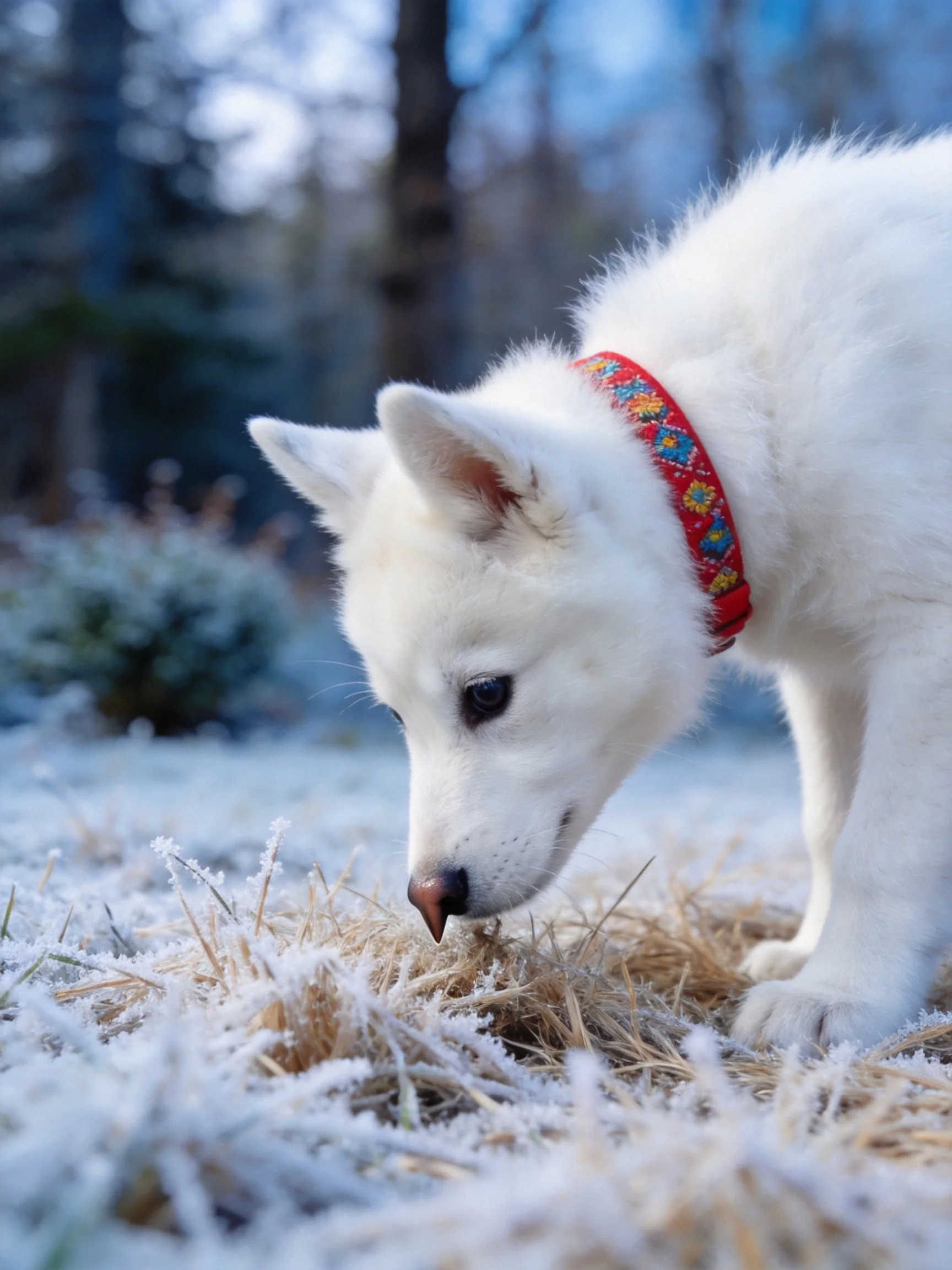 A white puppy wearing a red collar explores frosty grass amidst a snowy woodland backdrop.