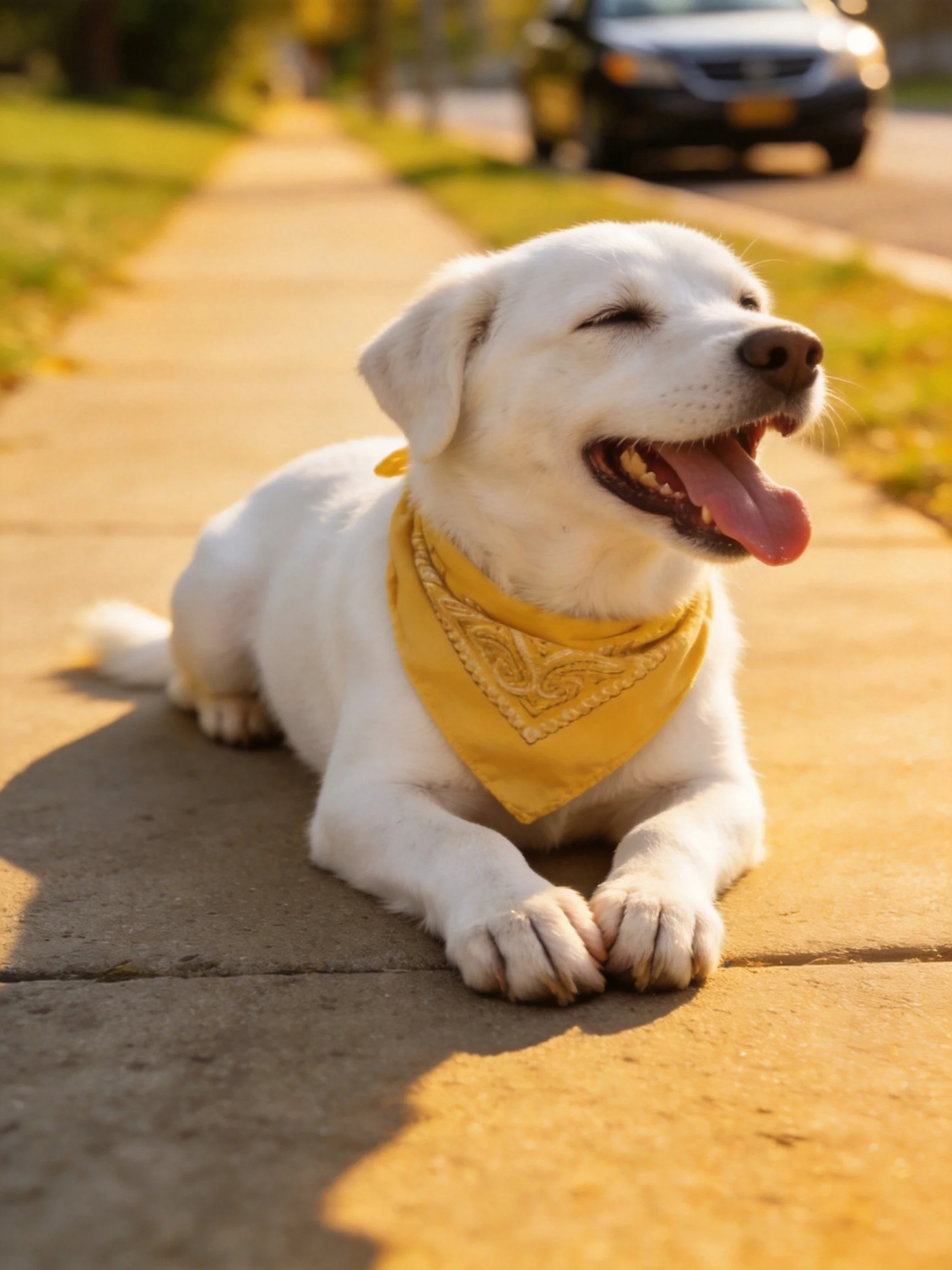 A white puppy with a yellow bandana lies on a sunlit sidewalk