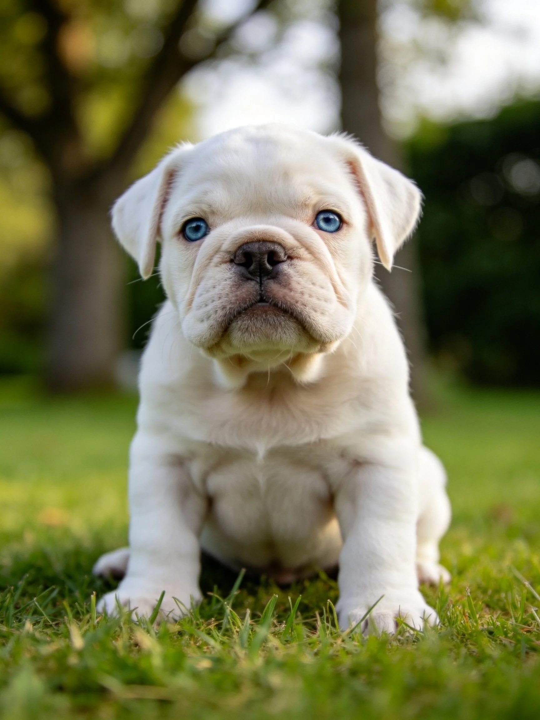 A white puppy with blue eyes sits on green grass in an outdoor setting.