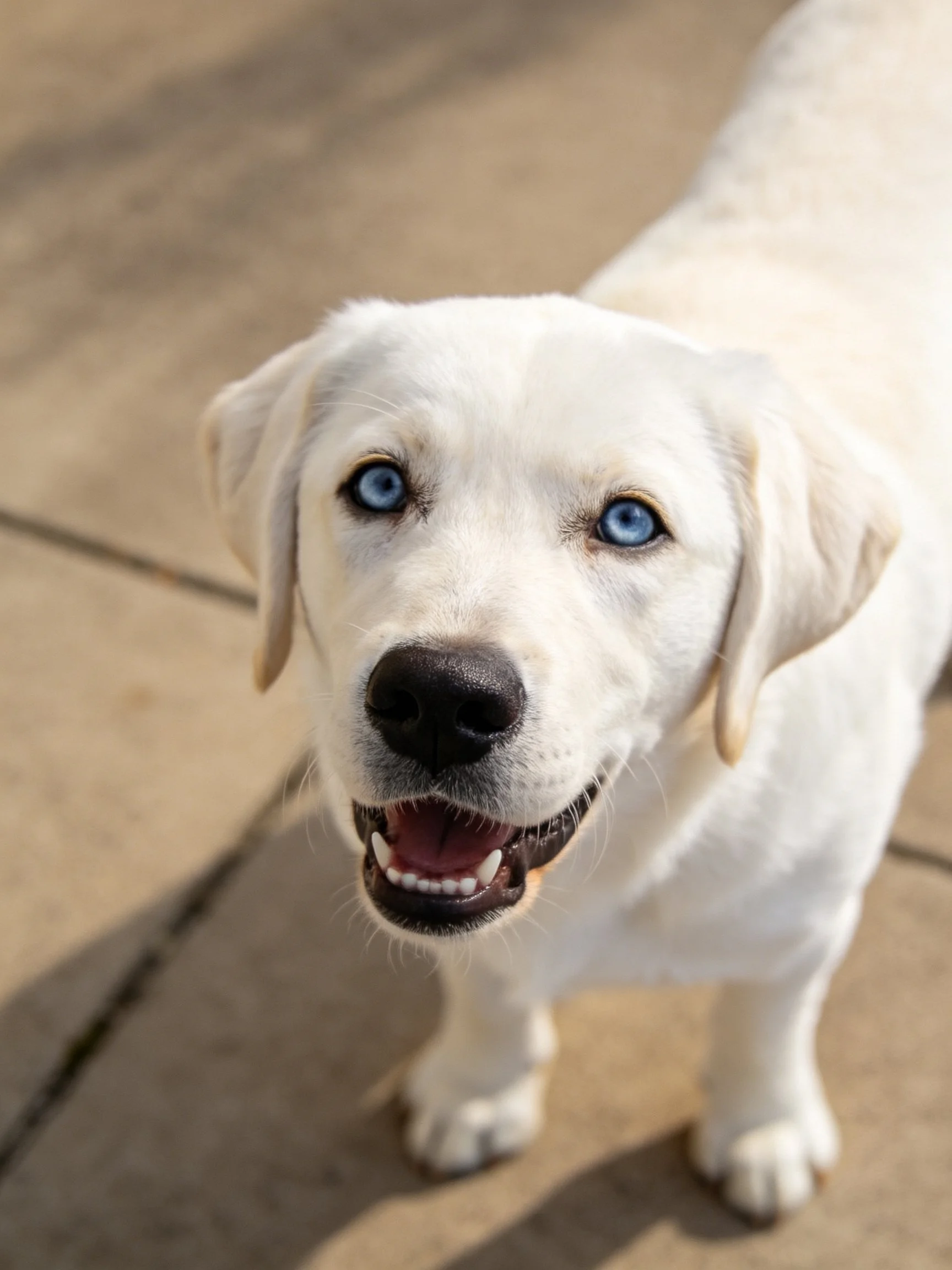 A white puppy with blue eyes stands happily on pavement.
