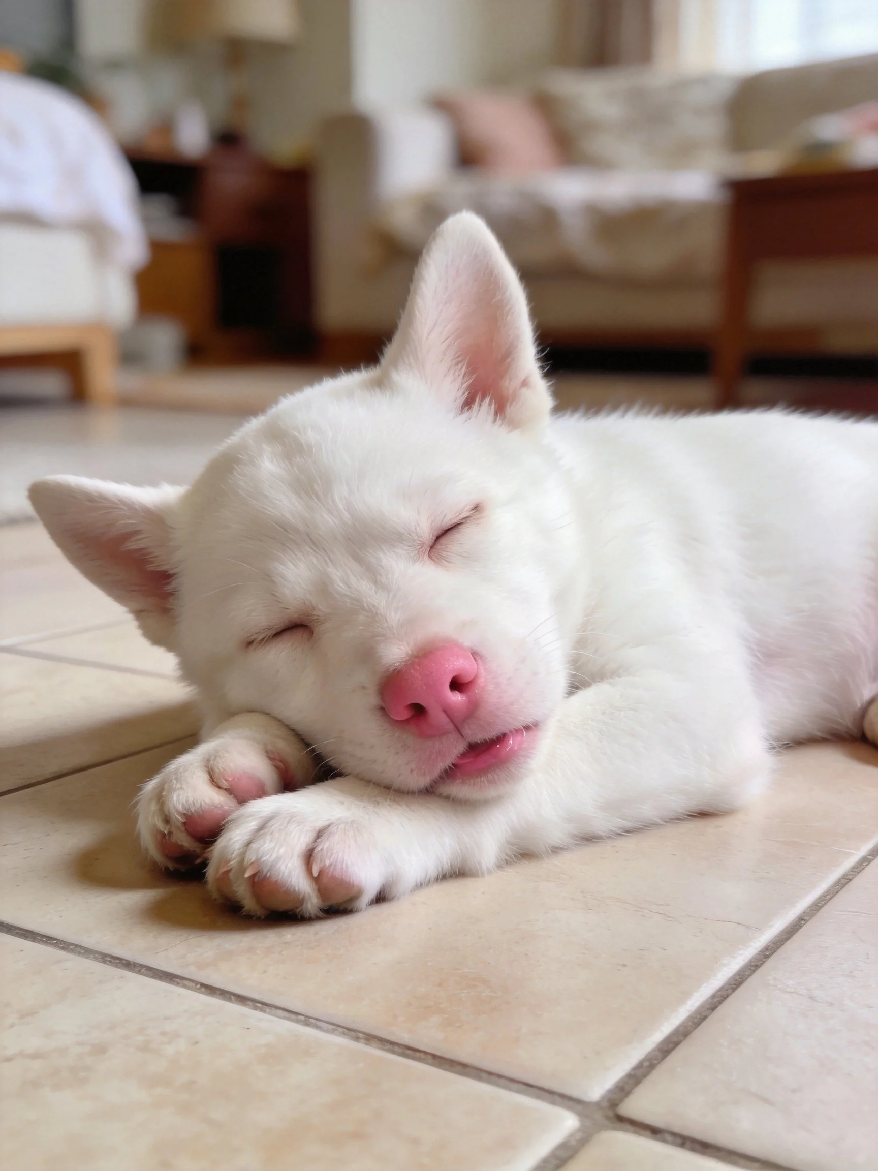 A white puppy with closed eyes sleeps on tiled flooring.