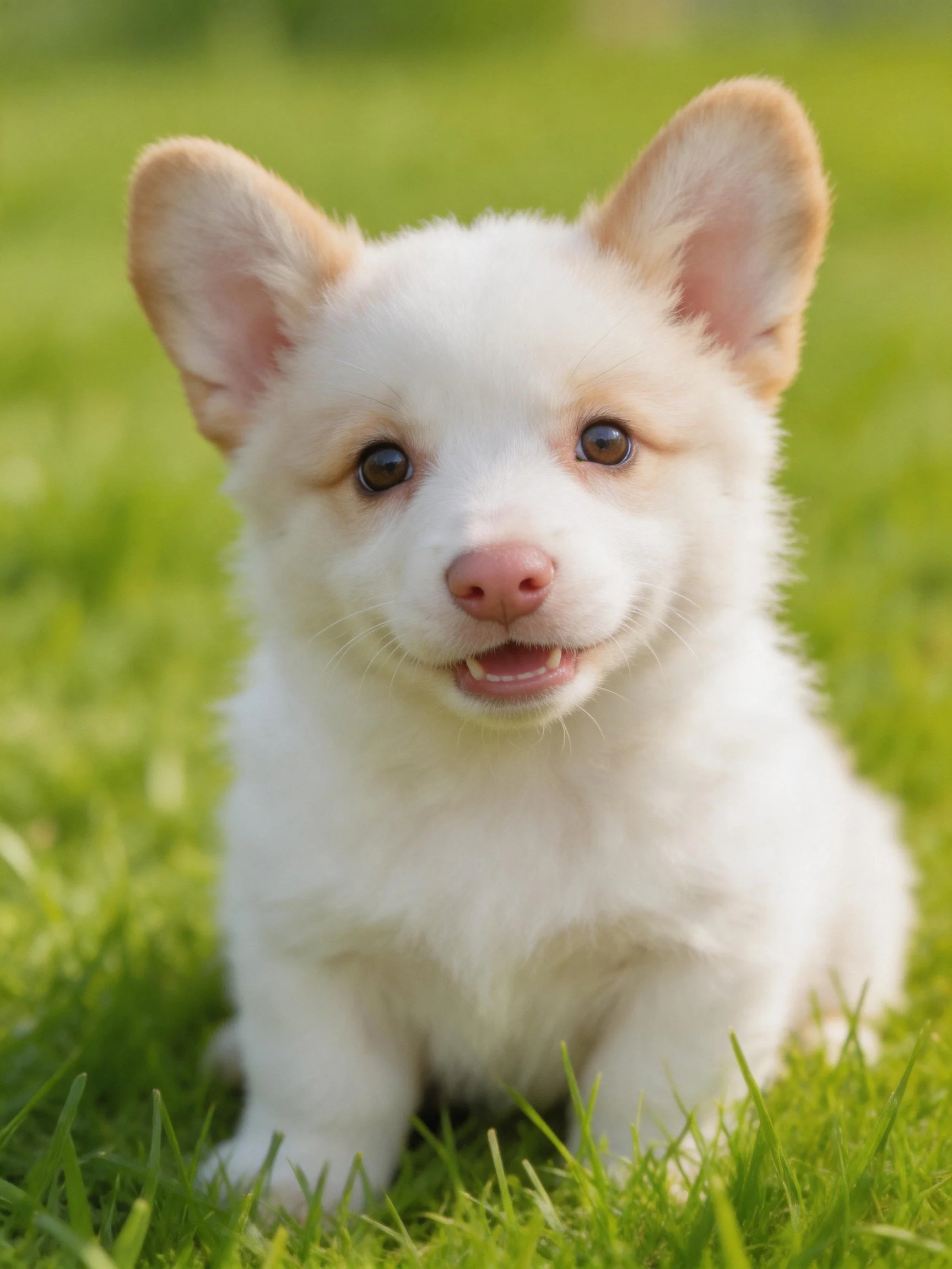 A cheerful white puppy with tan accents rests on vibrant green grass.