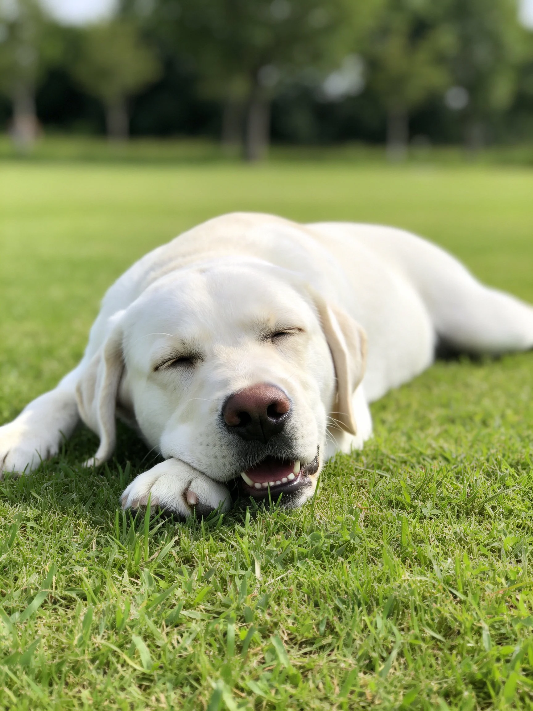 A white puppy relaxes on grass in a sunny outdoor location.