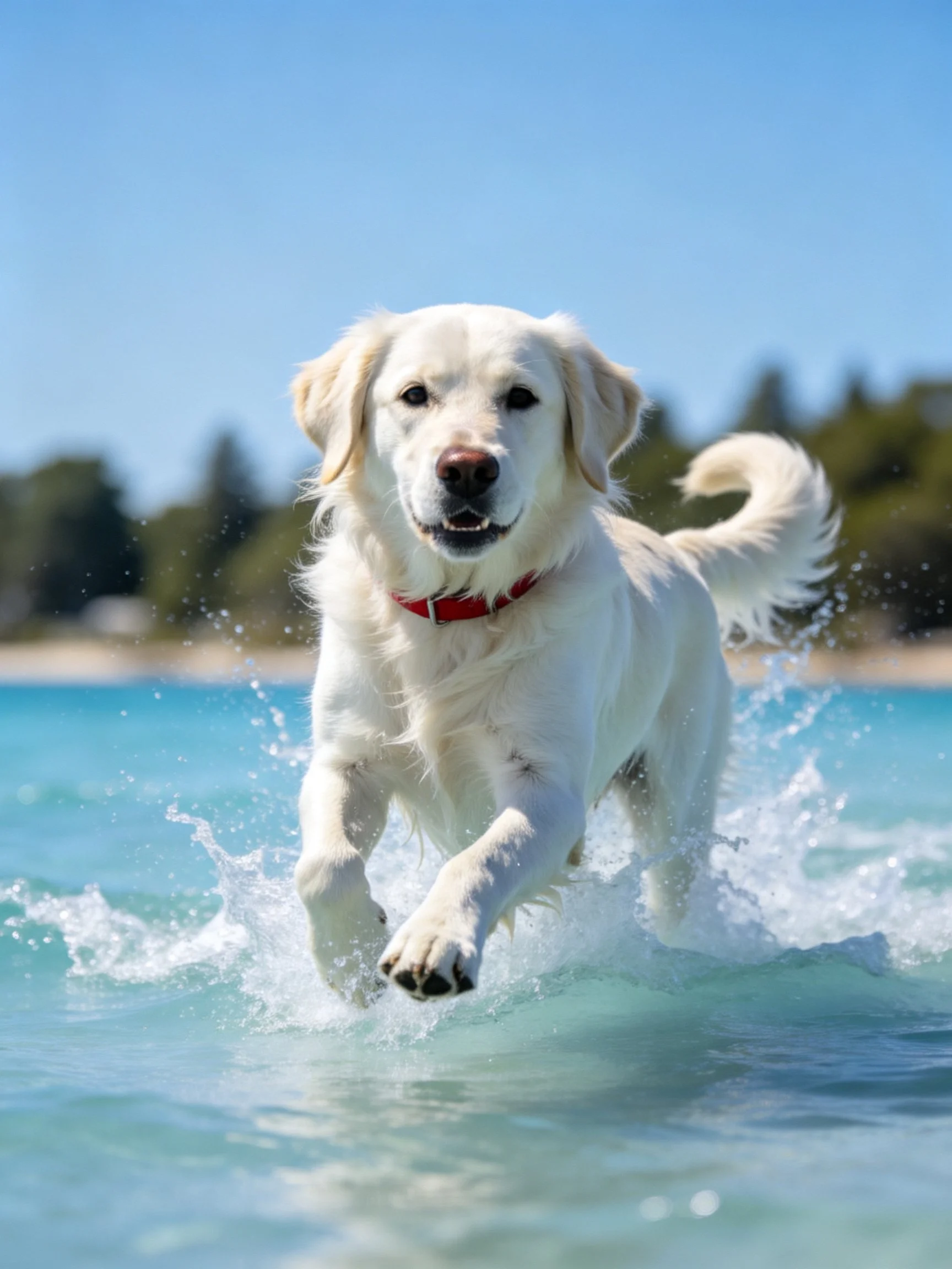 A white retriever joyfully runs through the ocean water.
