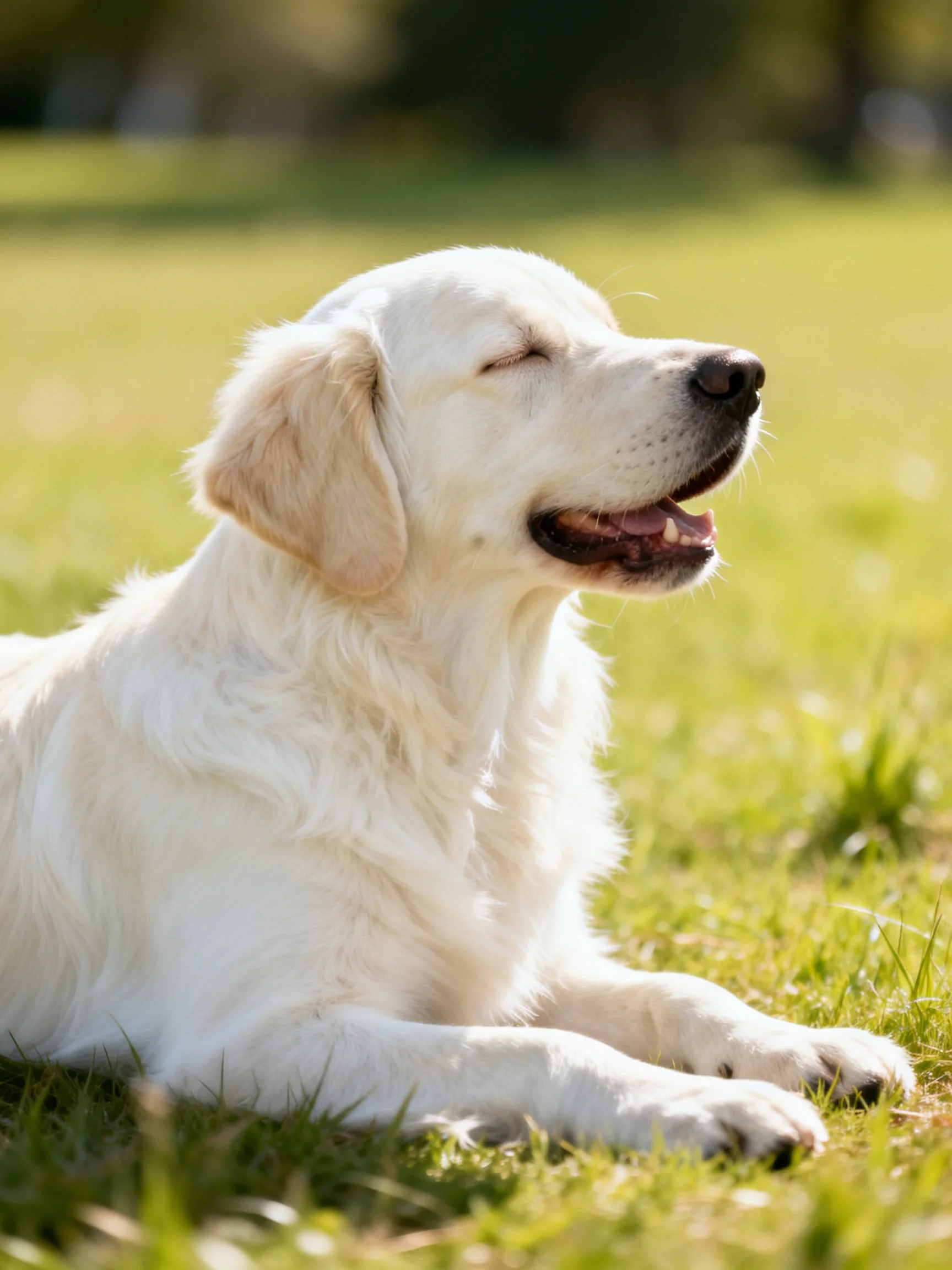 A white retriever puppy relaxes peacefully on a grassy field.