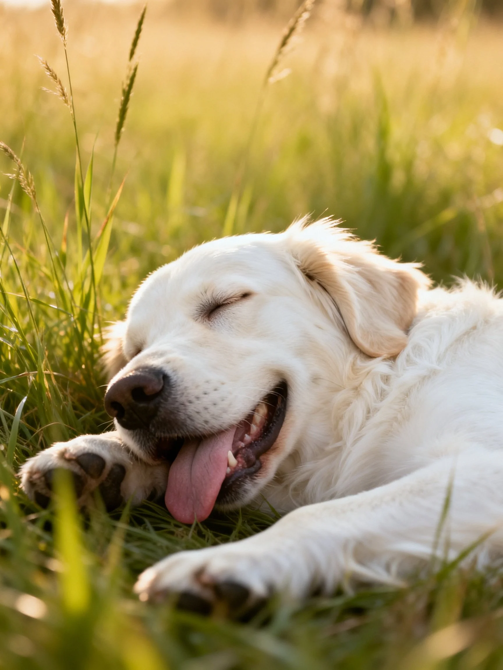 A white retriever rests comfortably amid tall grass in a sunlit outdoor setting.