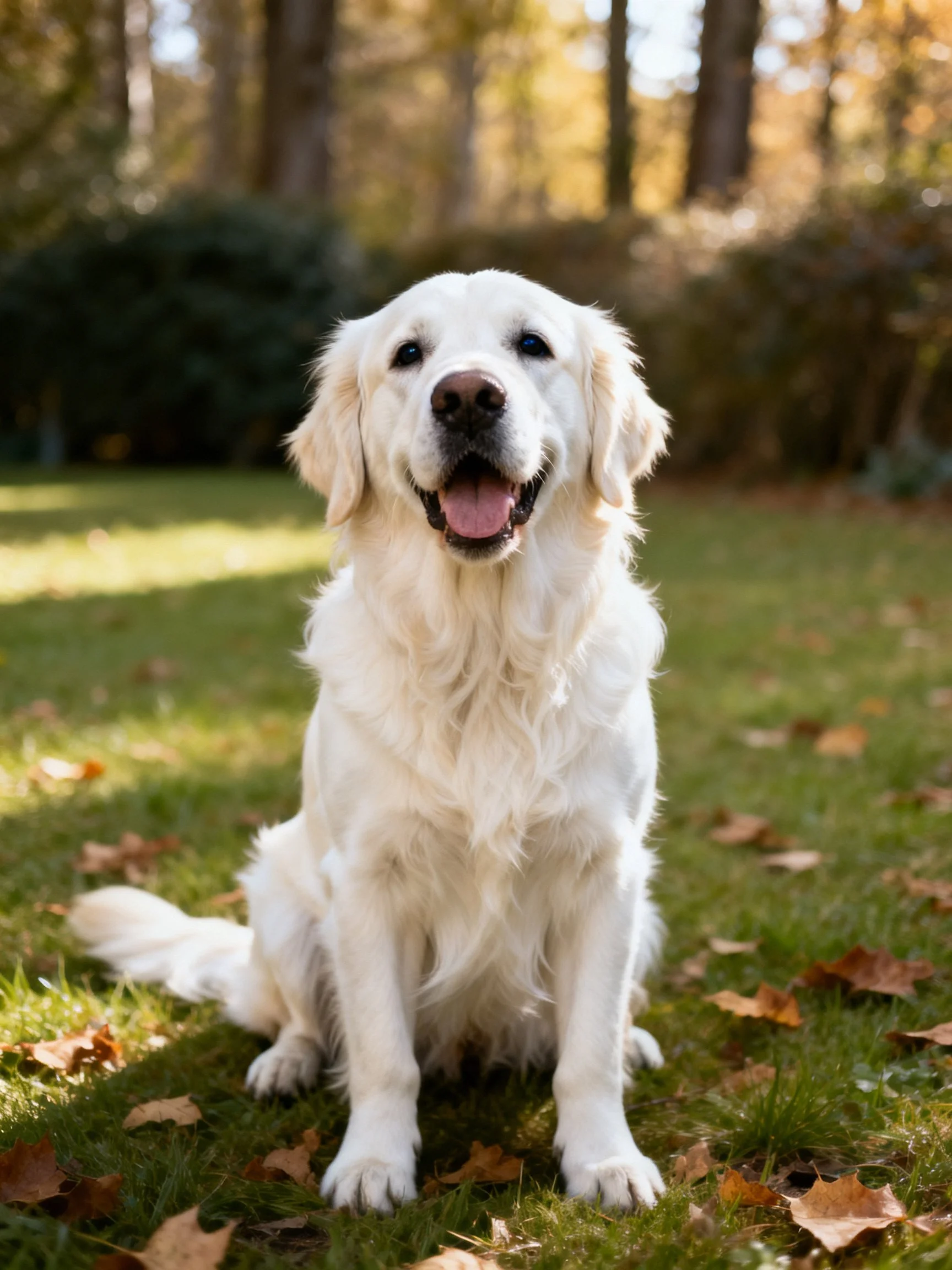 A white retriever rests happily on a grassy spot with scattered fall foliage