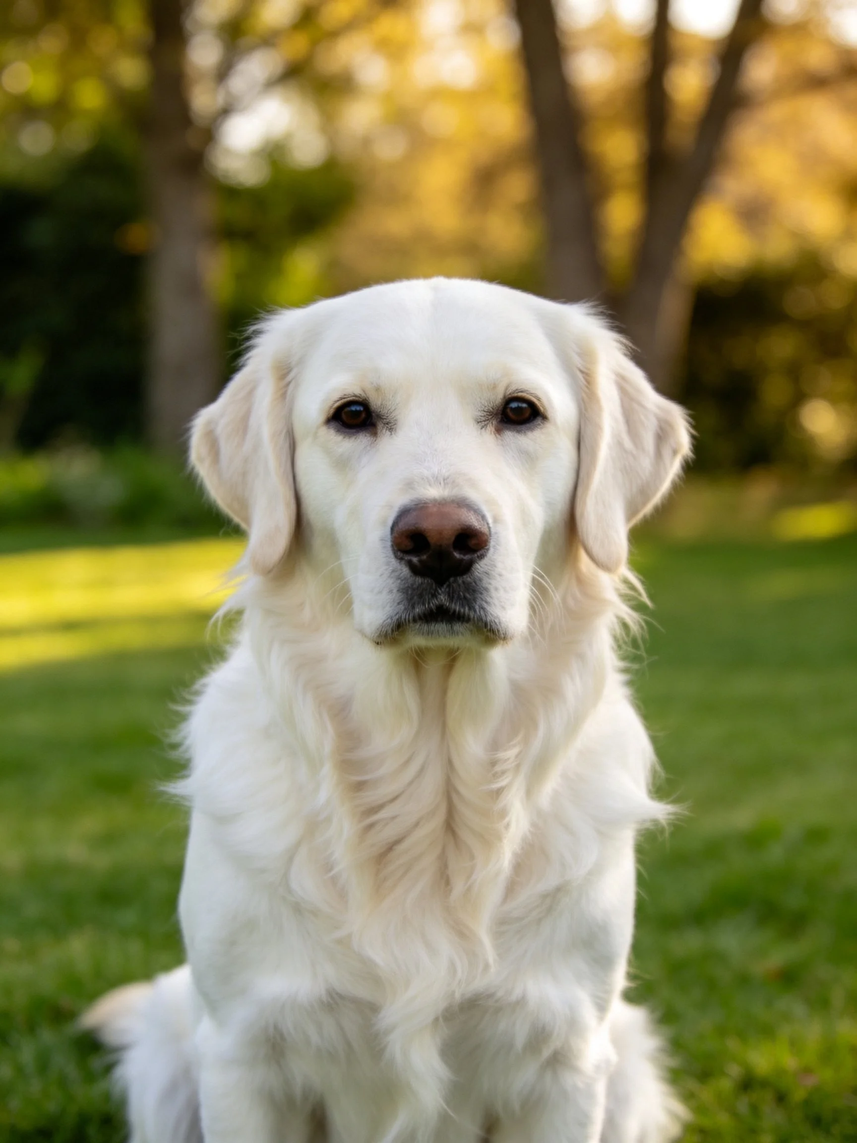 A white retriever sits calmly on green grass amid golden-hued trees.