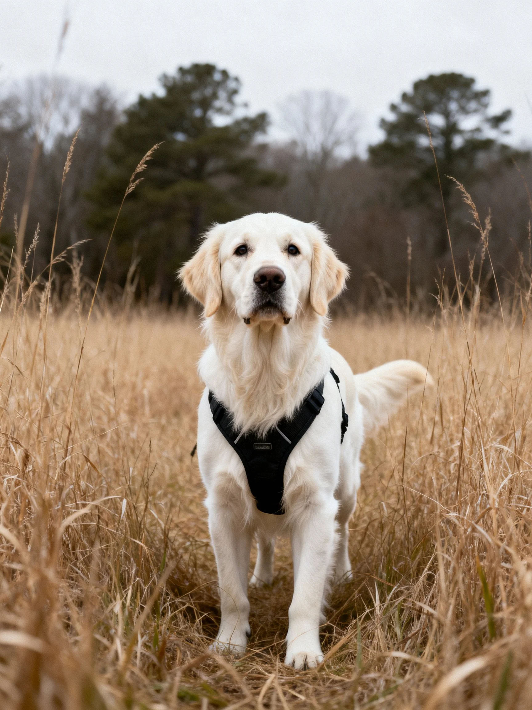 A white retriever stands in tall grass with forested trees in the background.